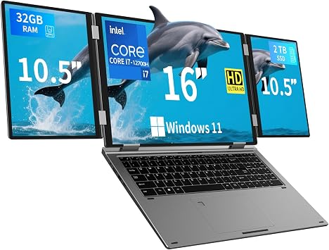 Triple Screen Laptop,16 Main + Dual 10.5 Monitors, Core i7-12700H | 32GB RAM,2TB SSD, Win 11 Pro,Wi-Fi 5,BT 5.0,Face & Fingerprint Unlock,USB-C,HDMI for Business/Design/Stock Trading