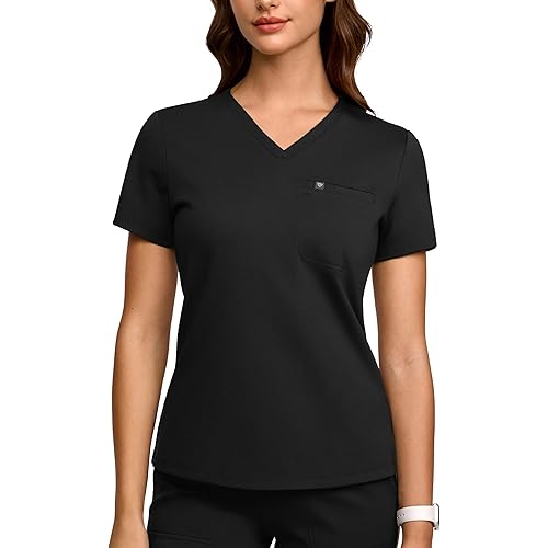 Womens V Neck Short Sleeve Scrub Shirts Thick Stretch Knit Medical Top with Pocket Slim Fit Nurse Uniform