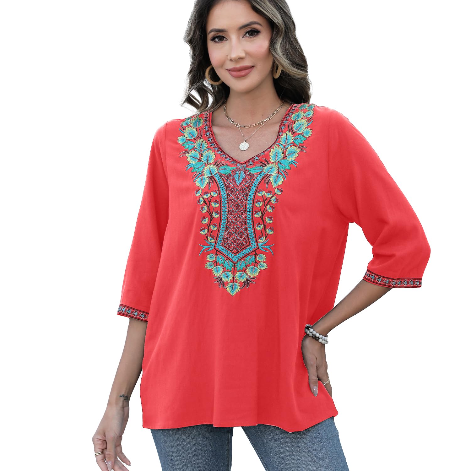 Seasonal Tunika Damen Sommer Boho Bluse Folklore Stickerei O