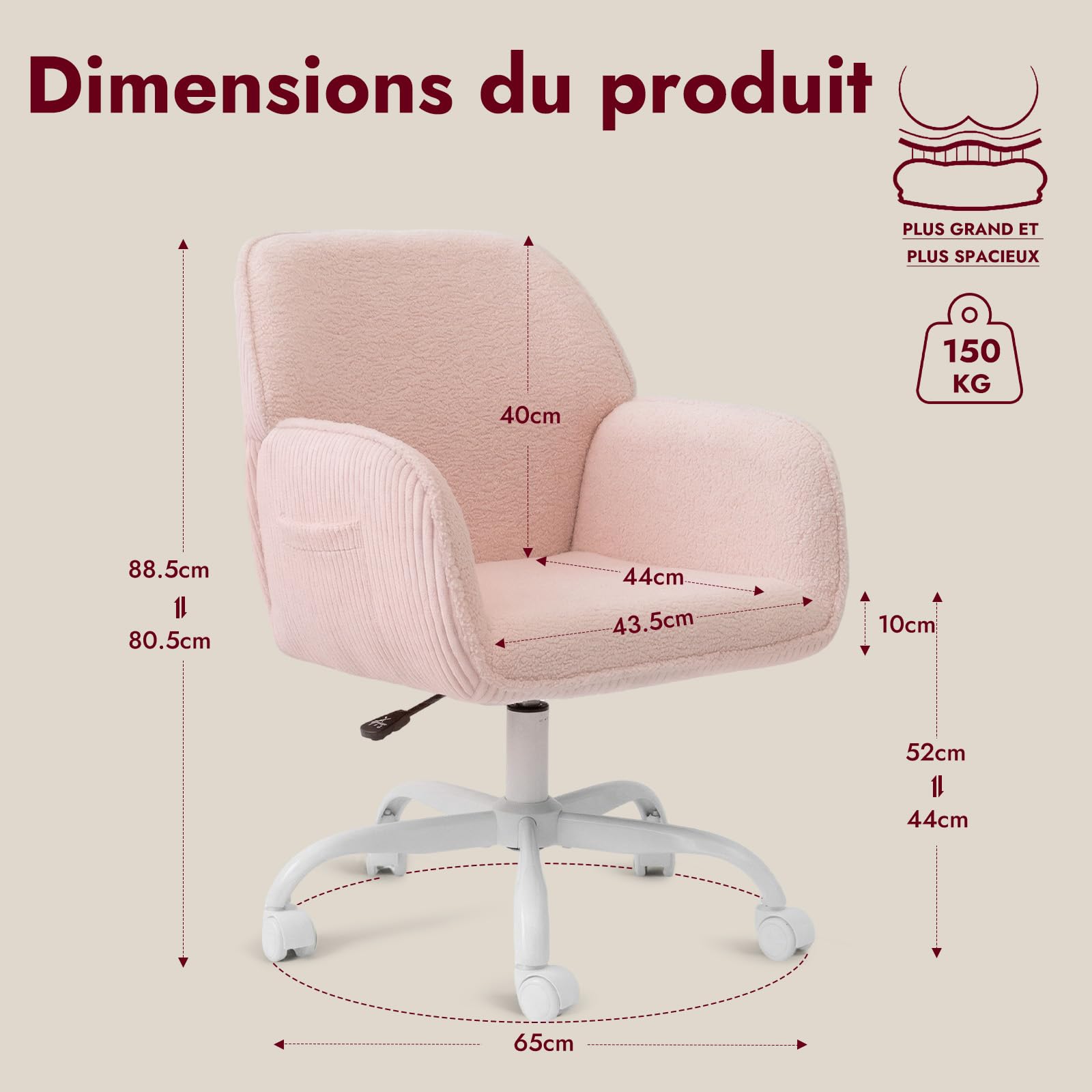Chaise de Bureau Ergonomique Accoudoirs, Étude, Chambre, Rose