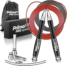 PrimaFIT Pro Speed Corde à Sauter Crossfit Adulte Lestée Jump Rope pour Sport Homme y Femme, Fitness Musculation, Boxe, Aluminum, Réglable, Vitesse Roulements à Billes,2 Acier Câble de Rechange/Poids