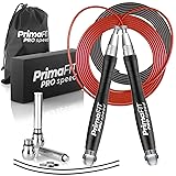 PrimaFIT Pro Speed Corde à Sauter Crossfit Adulte Lestée Jump Rope pour Sport Homme y Femme, Fitness Musculation, Boxe, Aluminum, Réglable, Vitesse Roulements à Billes,2 Acier Câble de Rechange/Poids Noir