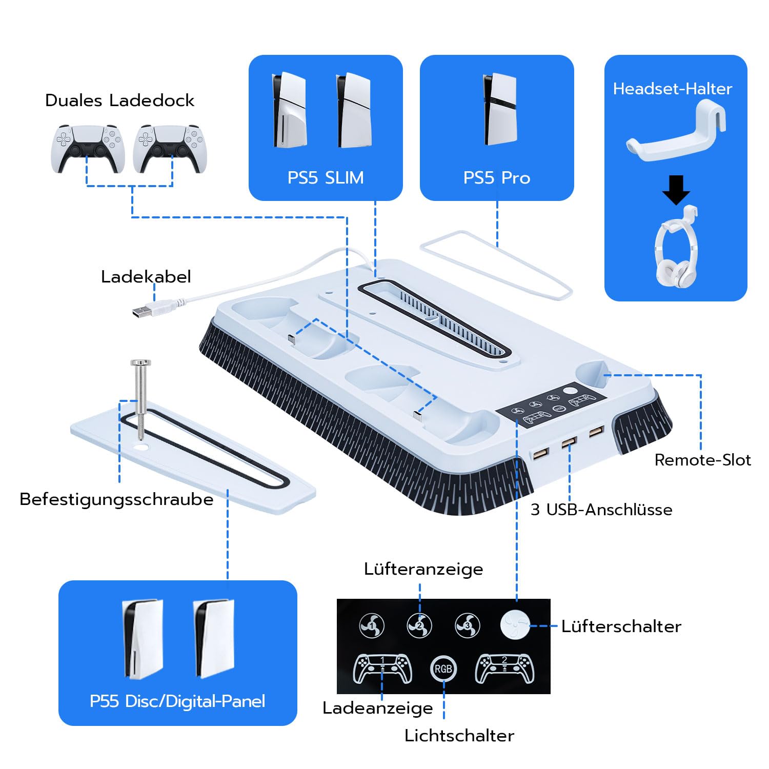 Wigearss PS5/PS5 Slim/PS5 Pro Kühler Standfuß mit Dual Controller Ladegerät, PS5 Controller Ladestation Standfuß mit Lüftert, RGB Licht für PS5/PS5 Slim/PS5 PRO UHD/Digital Edition