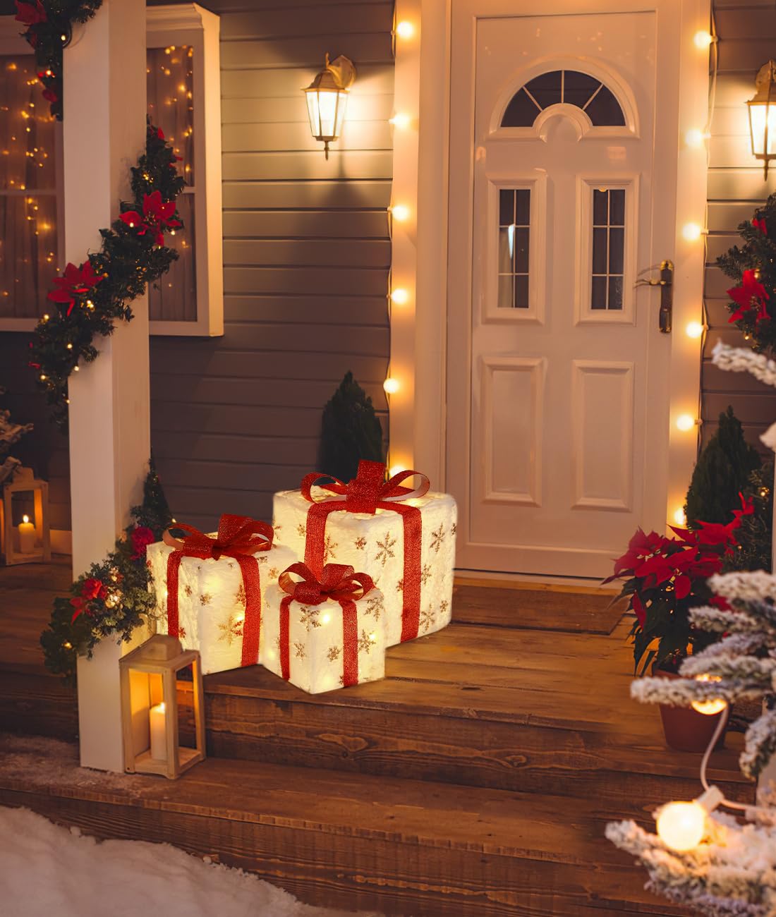 Cajas de Regalo Navideñas Iluminadas, 3 PCS Grandes Decoraciones para Interior y Exterior con Mando a Distancia, USB Plug in, Regalo con Copo de Nieve y Lazos, Decoración para Casa Porche Césped