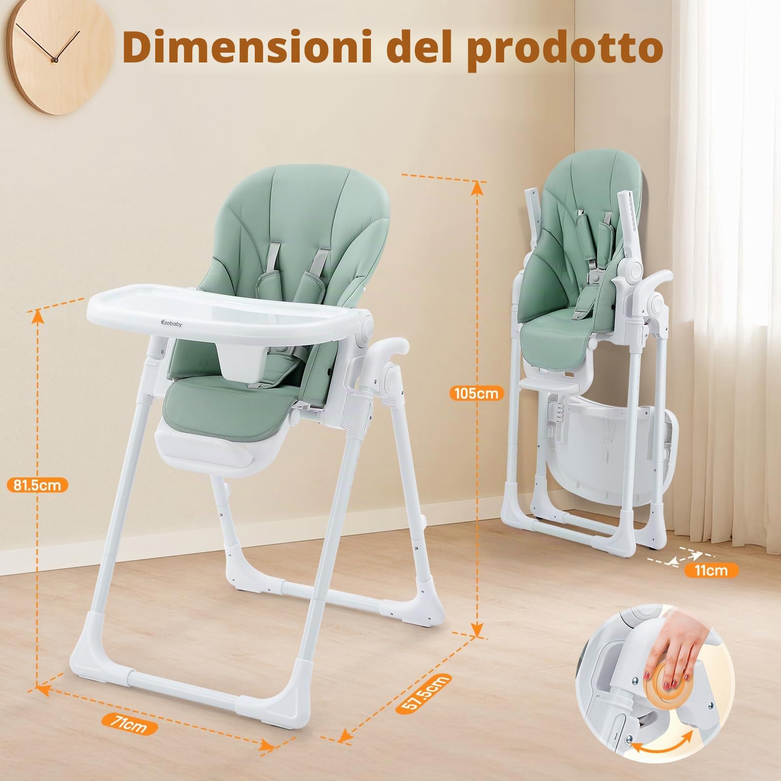 Ezebaby Seggiolone Bambini Ergonomico, Confortevole, Reclinabile, Pieghevole, con Altezza Regolabile e Poggiapiedi, Vassoio Staccabile con Ruote e Cintura di Sicurezza a 5 Punti Verde | 7 altezze, schienale reclinabile, doppio vassoio, cintura a 5 punti,