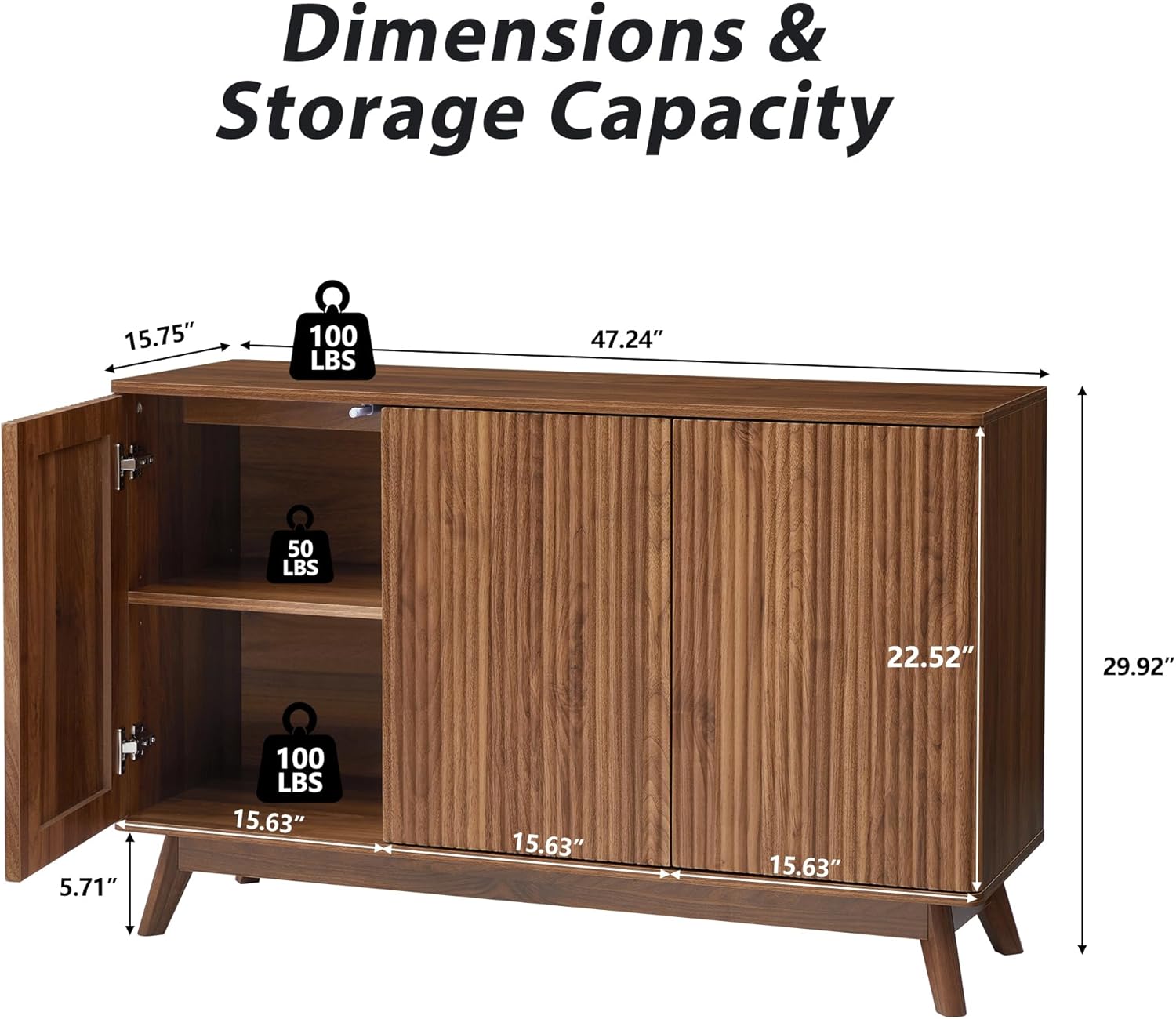 Fluted Sideboard Storage Cabinet with 3 Doors and Shelves, Mid Century Modern Accent Buffet Cabinet with Storage, Credenza Sideboard Buffet for Kitchen, Dining Room, Entryway, Under TV - Walnut