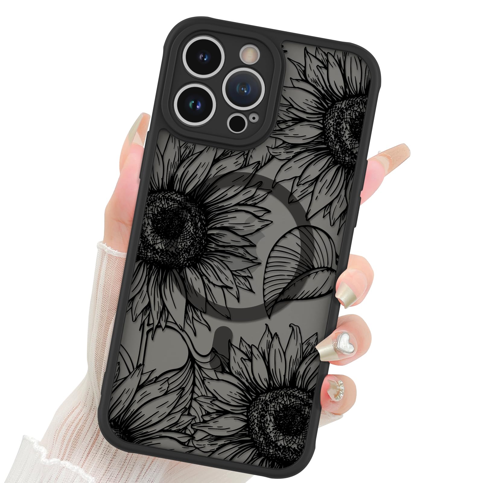 Fiyart Designed for iPhone 13 Pro Max Case Matte Flowers Design Compatible with MagSafe Wireless Charging,Cute Sunflowers Anti-Scratch Translucent