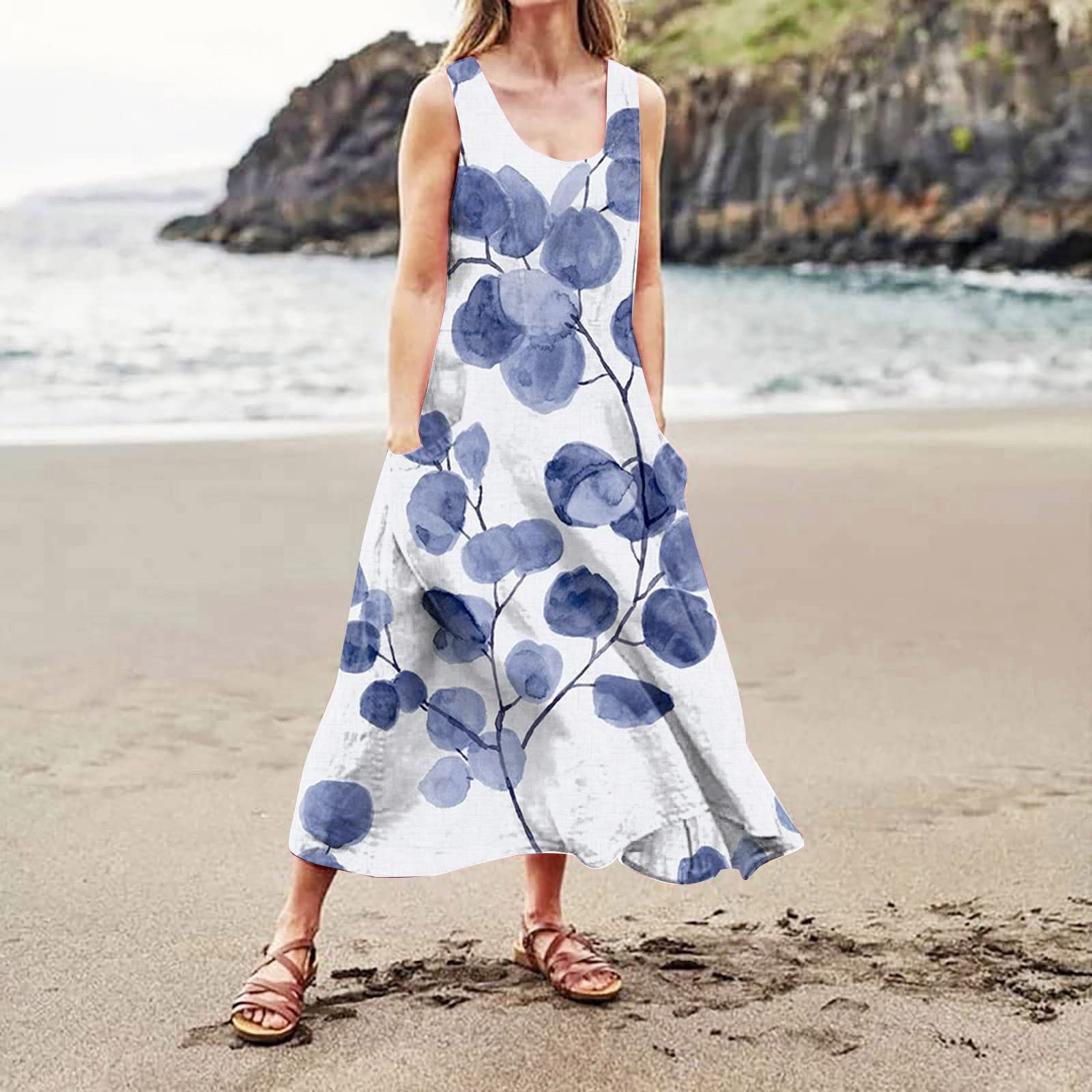 Maxikleid Damen Sommer Locker Sommerkleid Lang Elegant Kleider A Linie Ärmellos Strandkleid Boho Tank Tunika Kleid Mit Taschen Sommerkleider Frauen Leicht Luftig Freizeitkleid U Ausschnitt