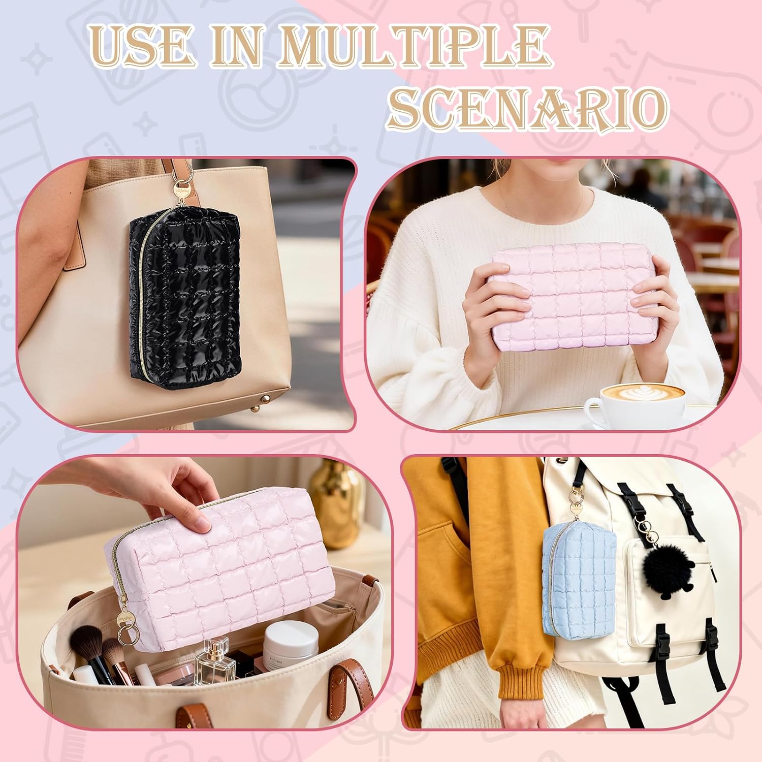 Quilted Makeup Bag for Purse, Small Travel Toiletry Pouch Extra Cosmetic Bag, Essential Organizer Storage Pouch for Sports Travel Daily Use (Pink) image 5