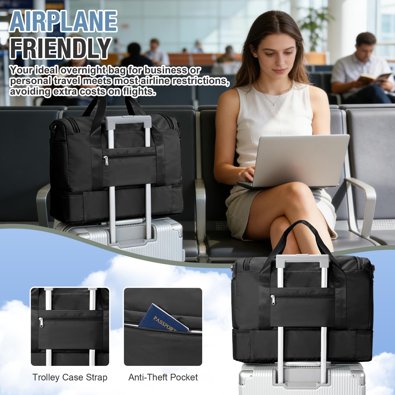 Sac de Voyage 45x36x20 pour Easyjet,Bagage à Main Léger, Sac fourre-Tout de Sport Imperméable pour Week-End avec Compartiment à Chaussures pour Travel Gym Danse,A02 - Noir