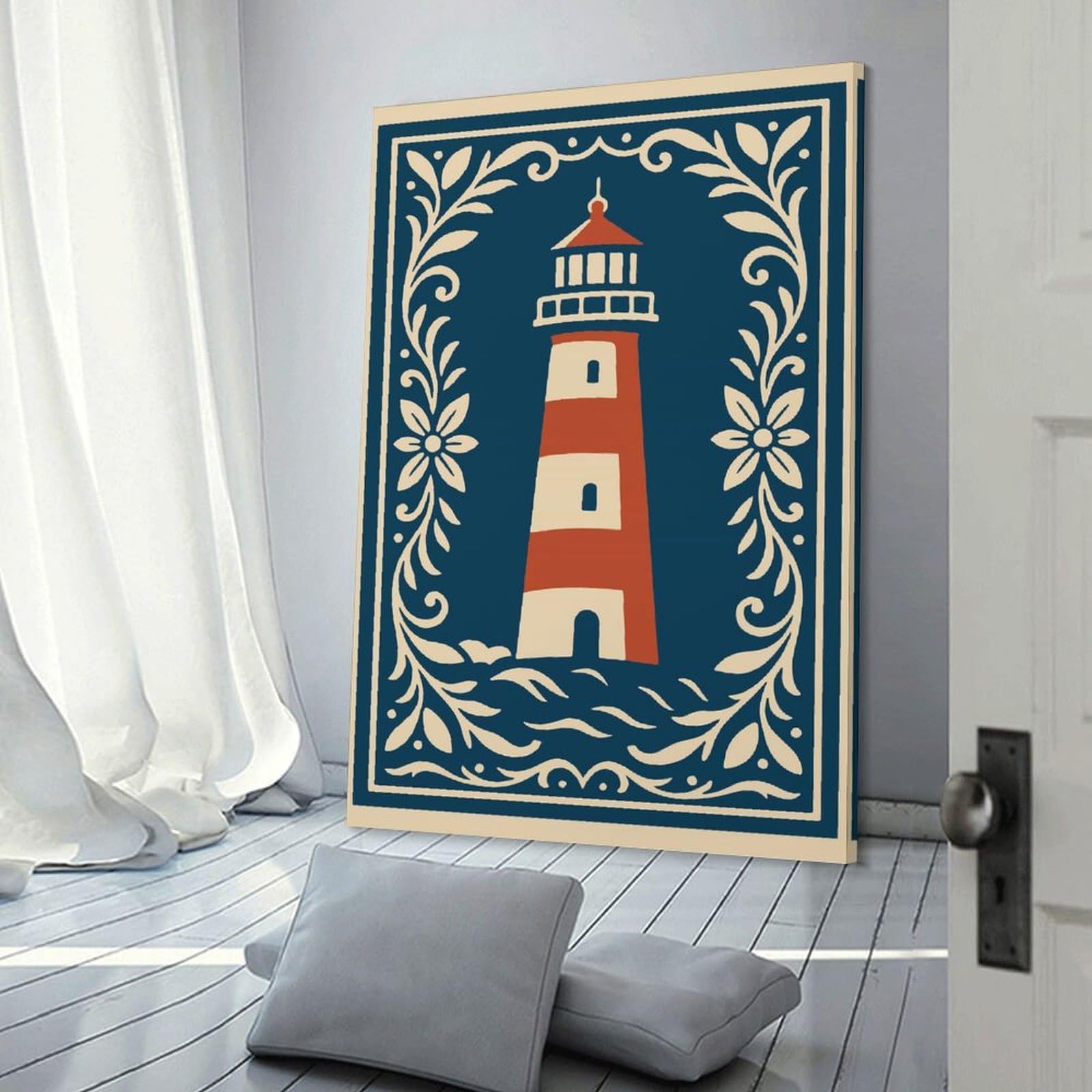 Junmoney Lighthouse Illustration with Floral Border Canvas Wall Decor, 20x30inch(50x75cm), for New Homes, Bedrooms Or Workspaces, Gift Idea for Housewarming And Birthdays
