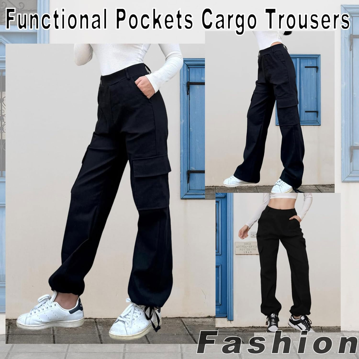 Nuofengkudu Rectos Pantalones Cargo Mujer Puños Ajustables 4 Bolsillos Pantalon Elasticos Cintura Alta Deportiva Trabajo Largos Y2K Adolescentes Goticos Punk Casual Moda