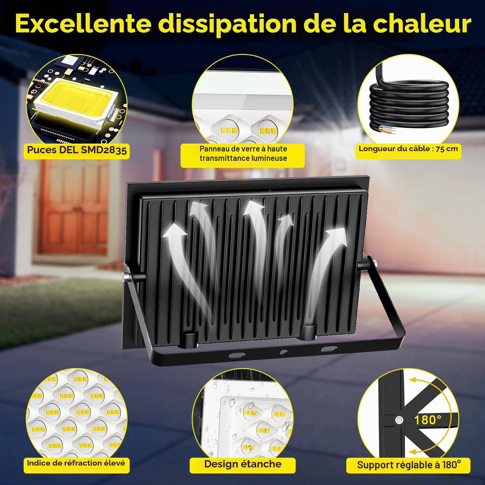 Projecteur LED Extérieur 200W 2 Pièces - 20000LM Super Lumineux Spot LED Extérieur 6500K Blanc Froid Projecteur LED, IP66 Imperméable Projecteur Exterieur LED pour Jardin, Patio, Garage, Entrée, Cour