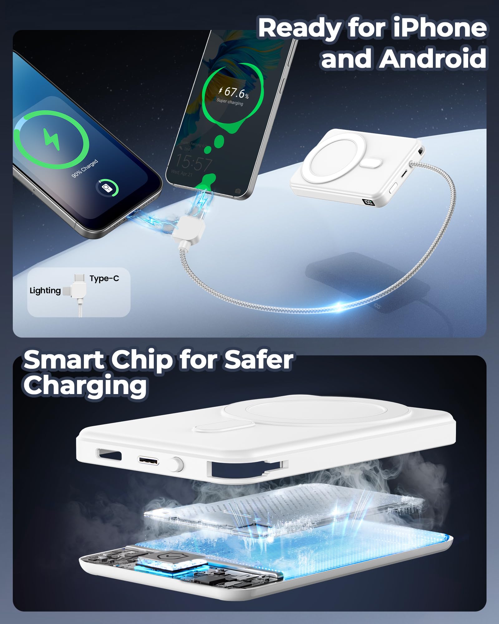 golioklsy Cargador portátil, cargador de teléfono de 10000 mAh con cable integrado, carga rápida PD de 20 W, paquete de batería delgado con pantalla LED, esencial de viaje para iPhone 17/16/15/14