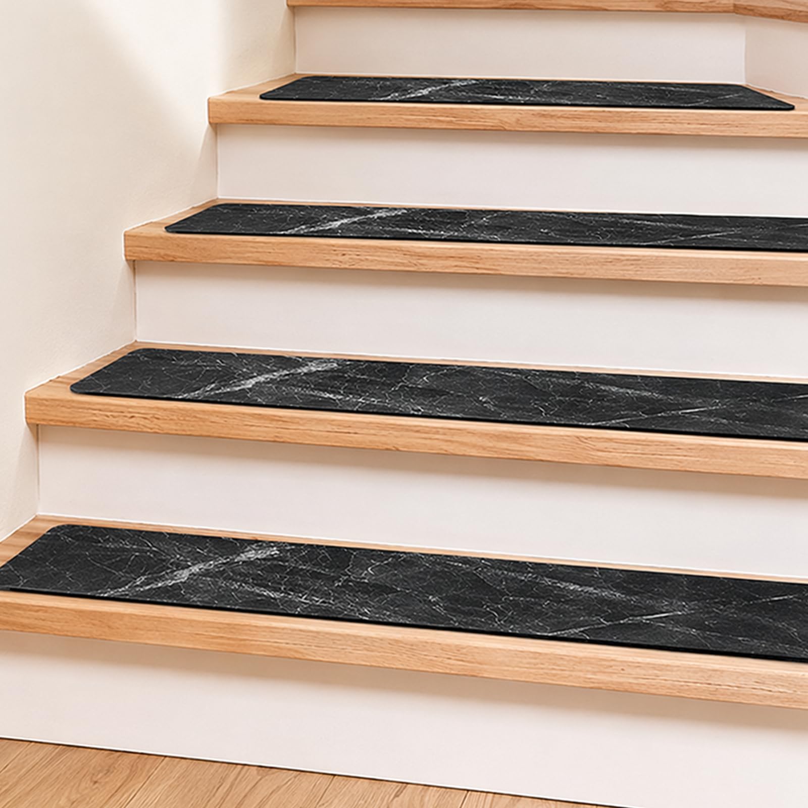 FARYODI 15 Stück Treppenstufen Matten 76x20 cm Selbstklebend (Schwarz) | Rutschfest Treppenteppich, 100% Polyester TPE-Rücken Maschinenwaschbar, Treppenvorleger, Holzstufen Innen, Ältere, Haustie