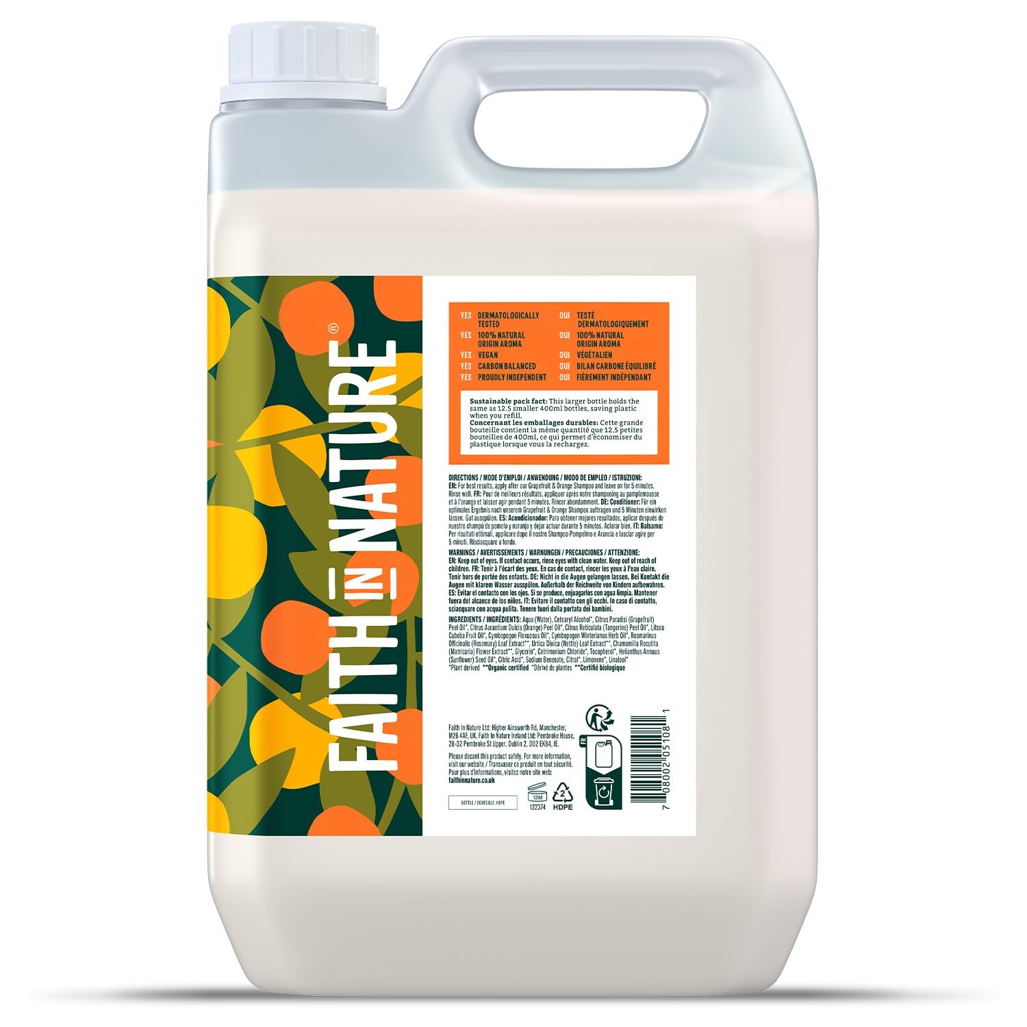 Faith In Nature Balsamo Naturale Pompelmo e Arancia, Purificante per Capelli e Cuoio Capelluto Grassi, Vegano e Cruelty Free, Senza SLS, Siliconi o Parabeni, Confezione Ricarica 5L