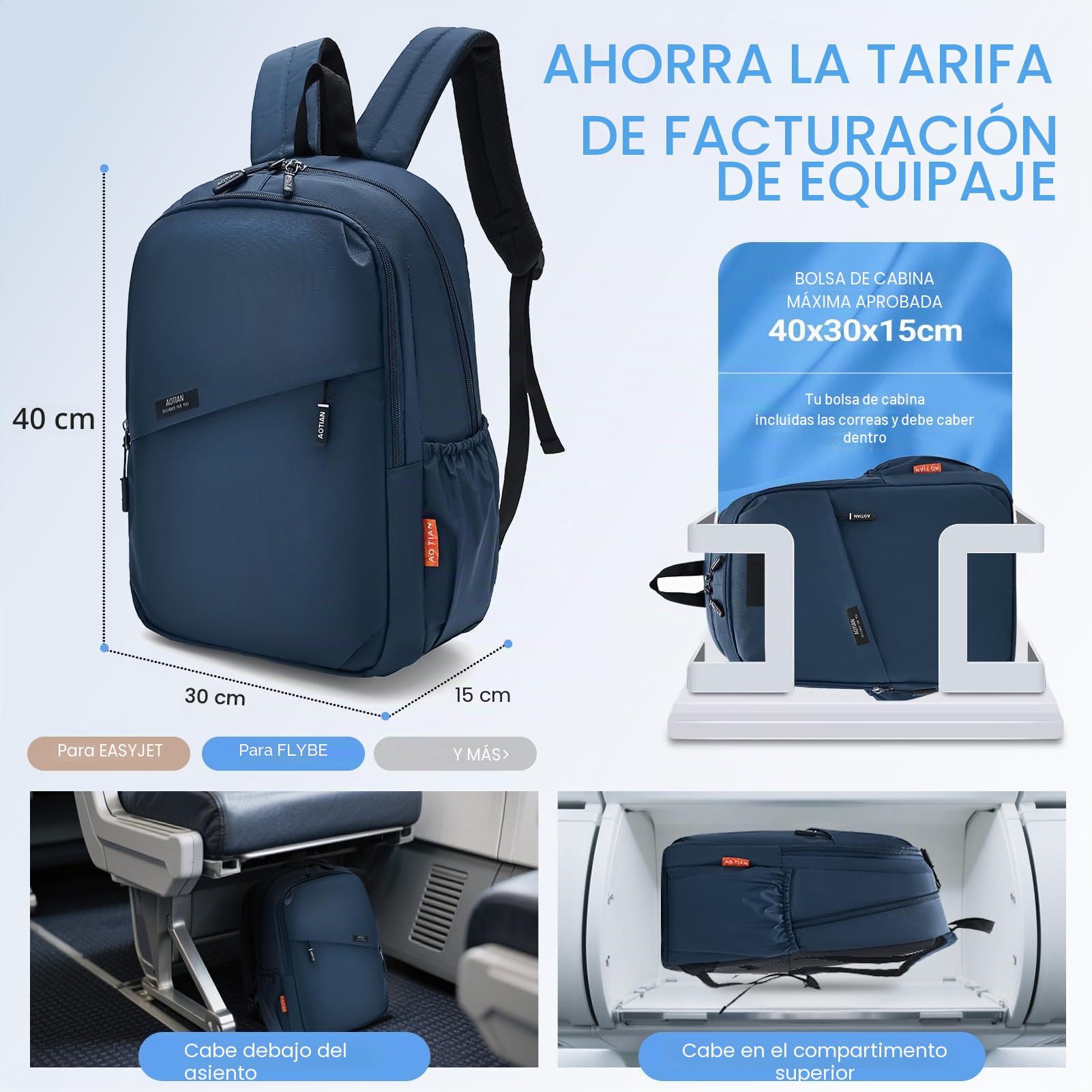 Mochila de viaje de 40 x 30 x 15 cm, para debajo del asiento, bolsa de equipaje para British Airways Wizzair, compartimento para laptop de 14 pulgadas, mochila ligera y pequeña mochila de