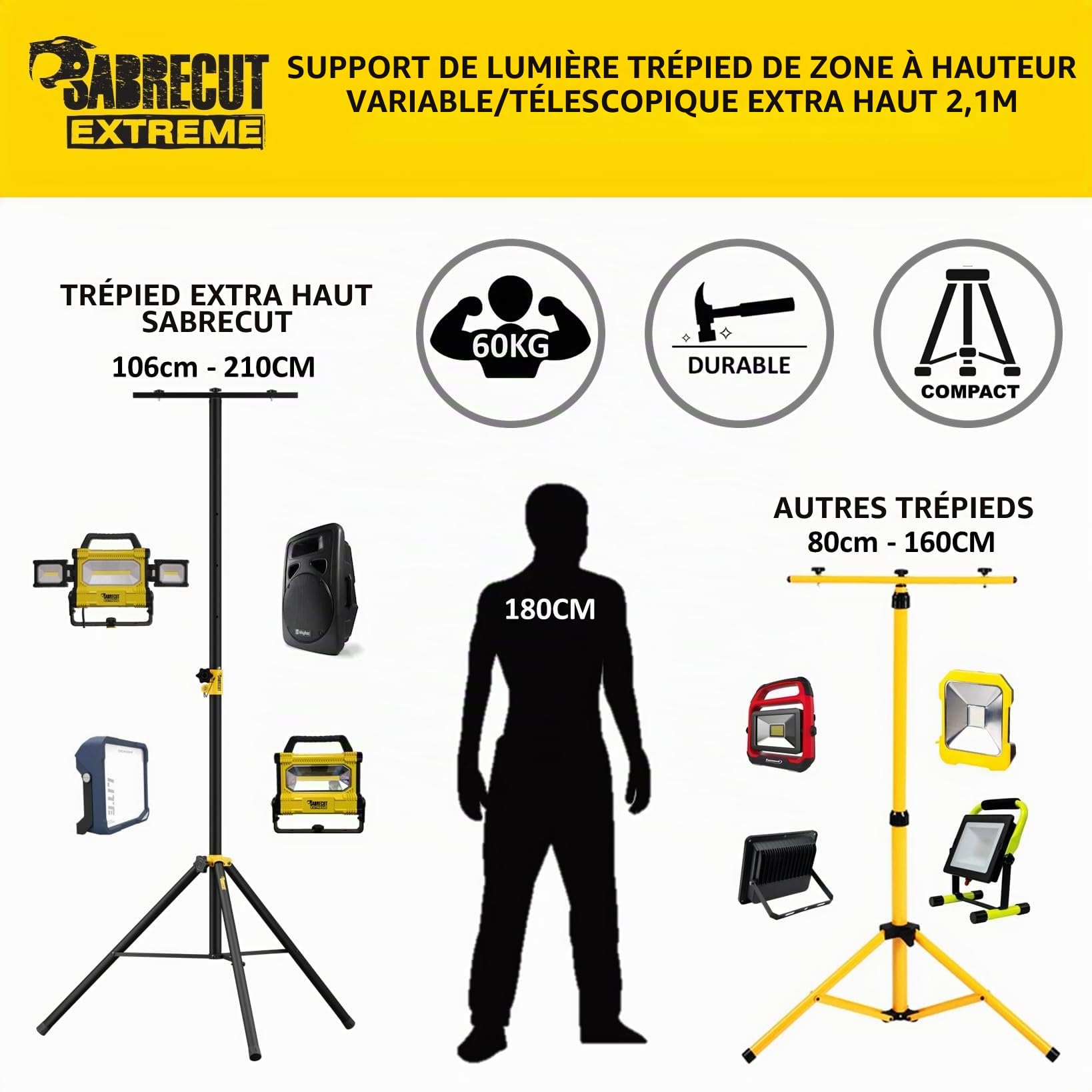 SabreCut SCLEDTRIPB Trépied télescopique extra haut à hauteur variable de 2,1 m pour lampe de travail projecteur de site équipement de sonorisation