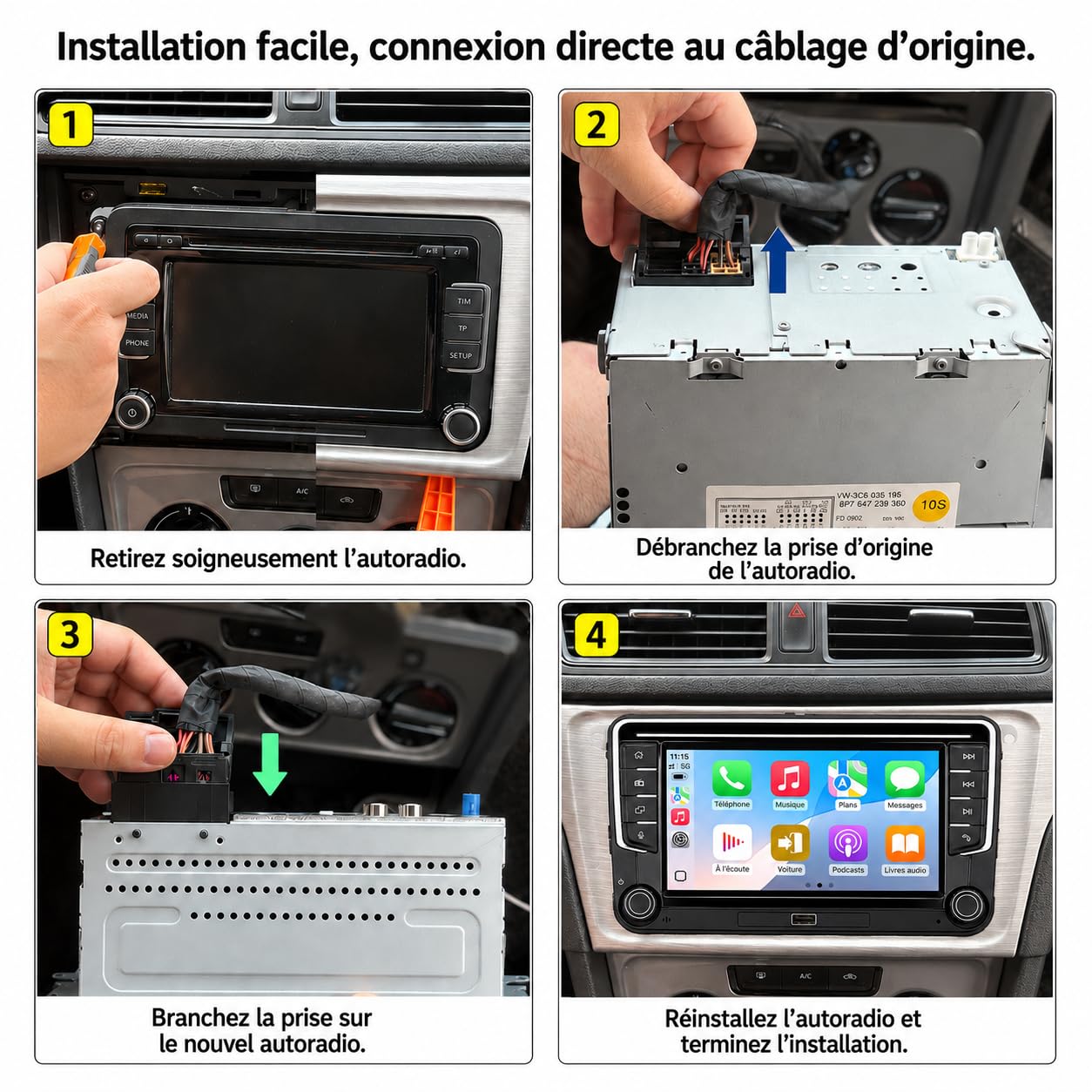 YZKONG Autoradio Linux à connecteur spécial pour VW Golf 5, Golf 6, T5, Polo 6R, Passat | CarPlay/Android Auto sans Fil/Bluetooth/FM/AM/RDS/USB HiFi 100W