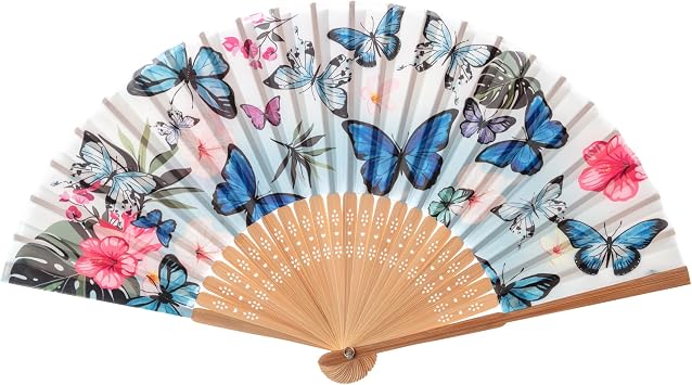 Hand Fan Bamboo Printed Pattern Folding Fan For Party Wedding Gift Blue Butterfly