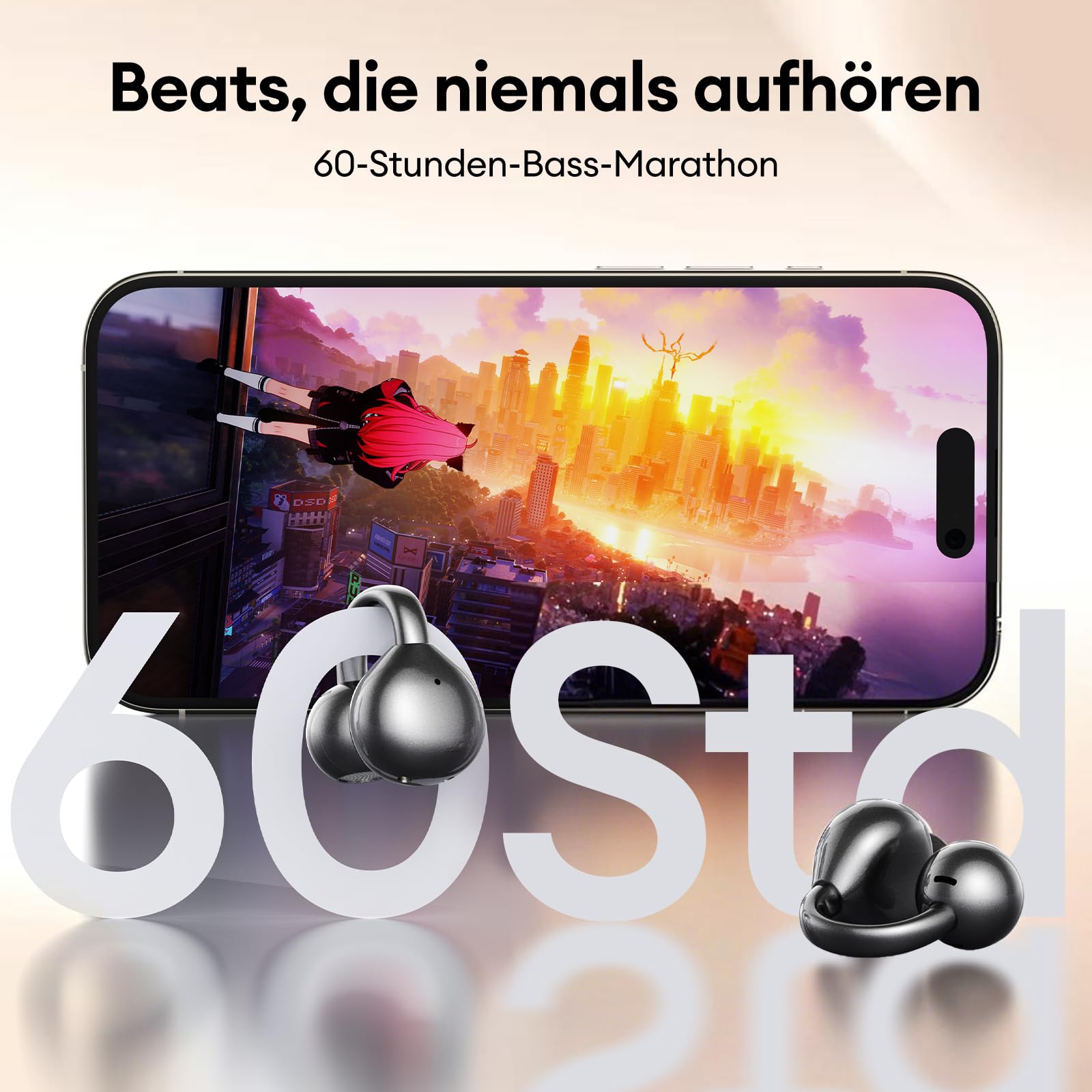 Clip On Kopfhörer Open Ear Kopfhörer Kabellos Bluetooth 5.4 mit Intelligentem Touchscreen 4.1g Leichtgewicht Kopfhörer Sport, 60 Std Wireless Earbuds für Fitness, Laufen, Büro, M100 Schwarz