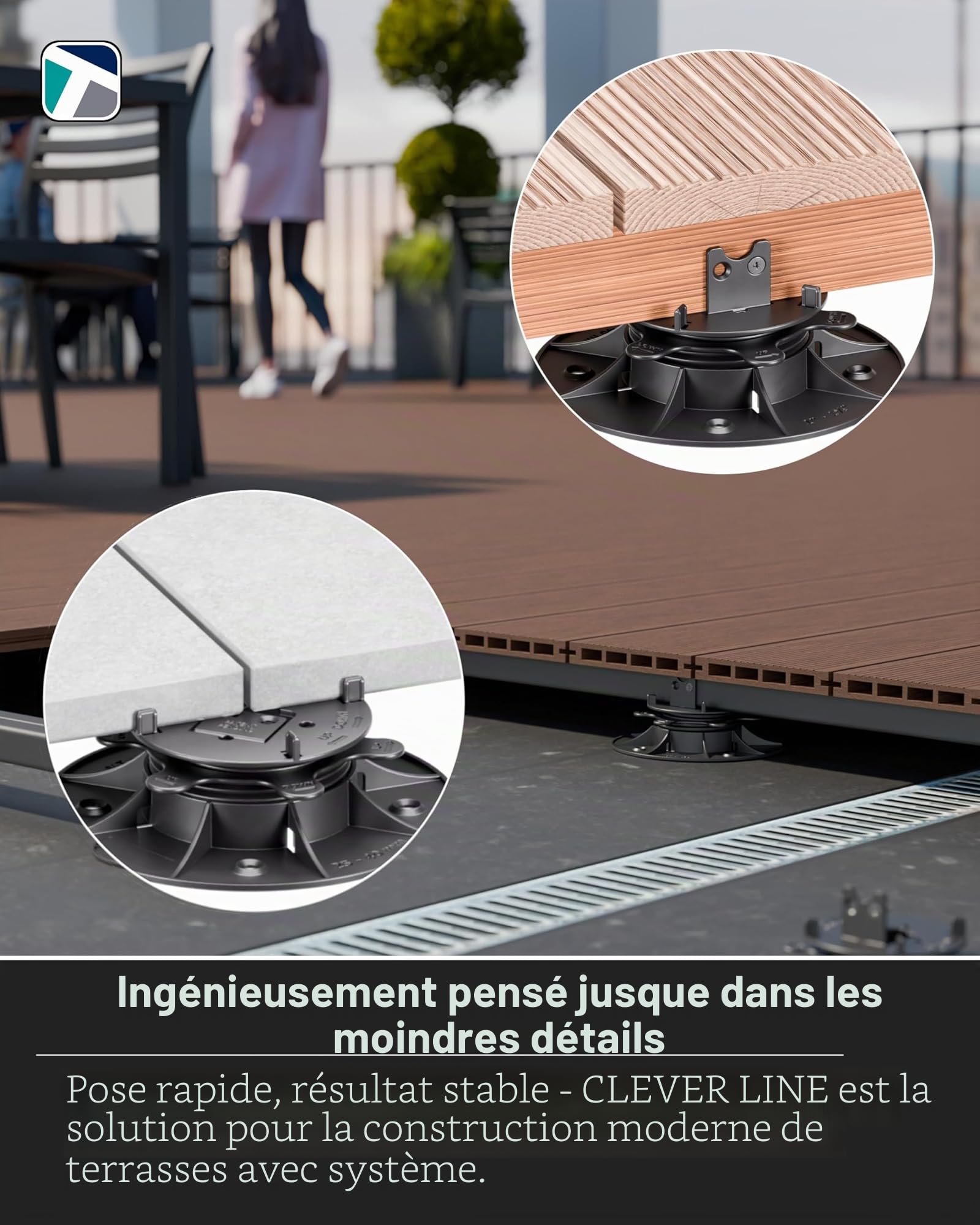 Trevendo CLEVER LINE Lot de 25 plots (25-40 mm), réglables en hauteur, pour plaques de pierre, planches en WPC et en bois, capacité de charge jusqu'à 500 kg, avec croix de joint et adaptateur en L
