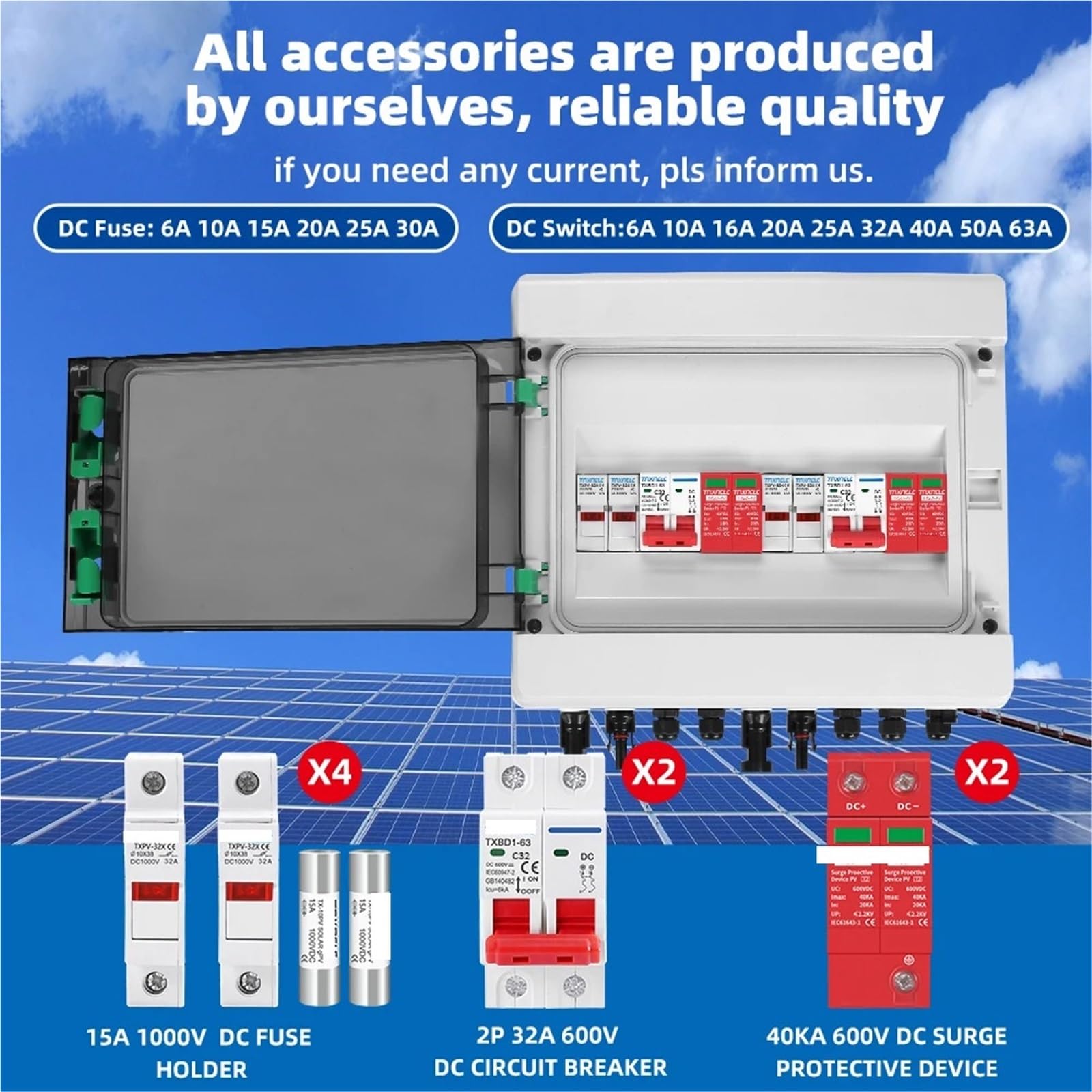 Quadro di combinazione fotovoltaico solare fotovoltaico con protezione da sovratensioni e fulmini, 2 ingressi, 2 uscite, 2 stringhe, DC 600 V, fusibile MCB SPD, scatola impermeabile IP65(40A DC MCB)