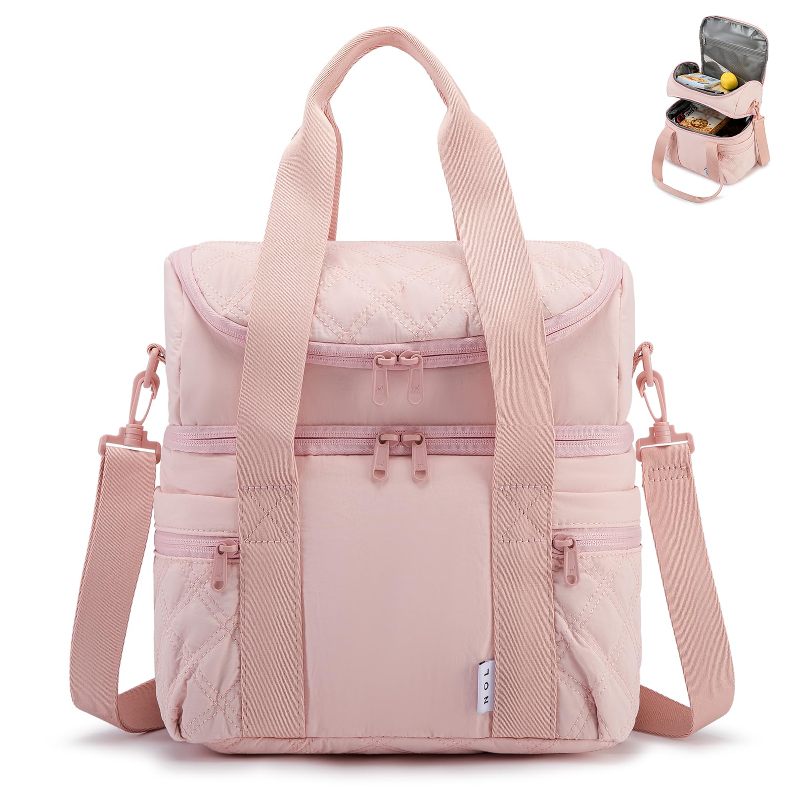 Lunch Bag for Women - Large Double Deck Insulated Lunch Box Leakproof Reusable Lunch Cooler Puffer Lunch Tote Bag with Multiple Pockets for Work Picnic, Pink