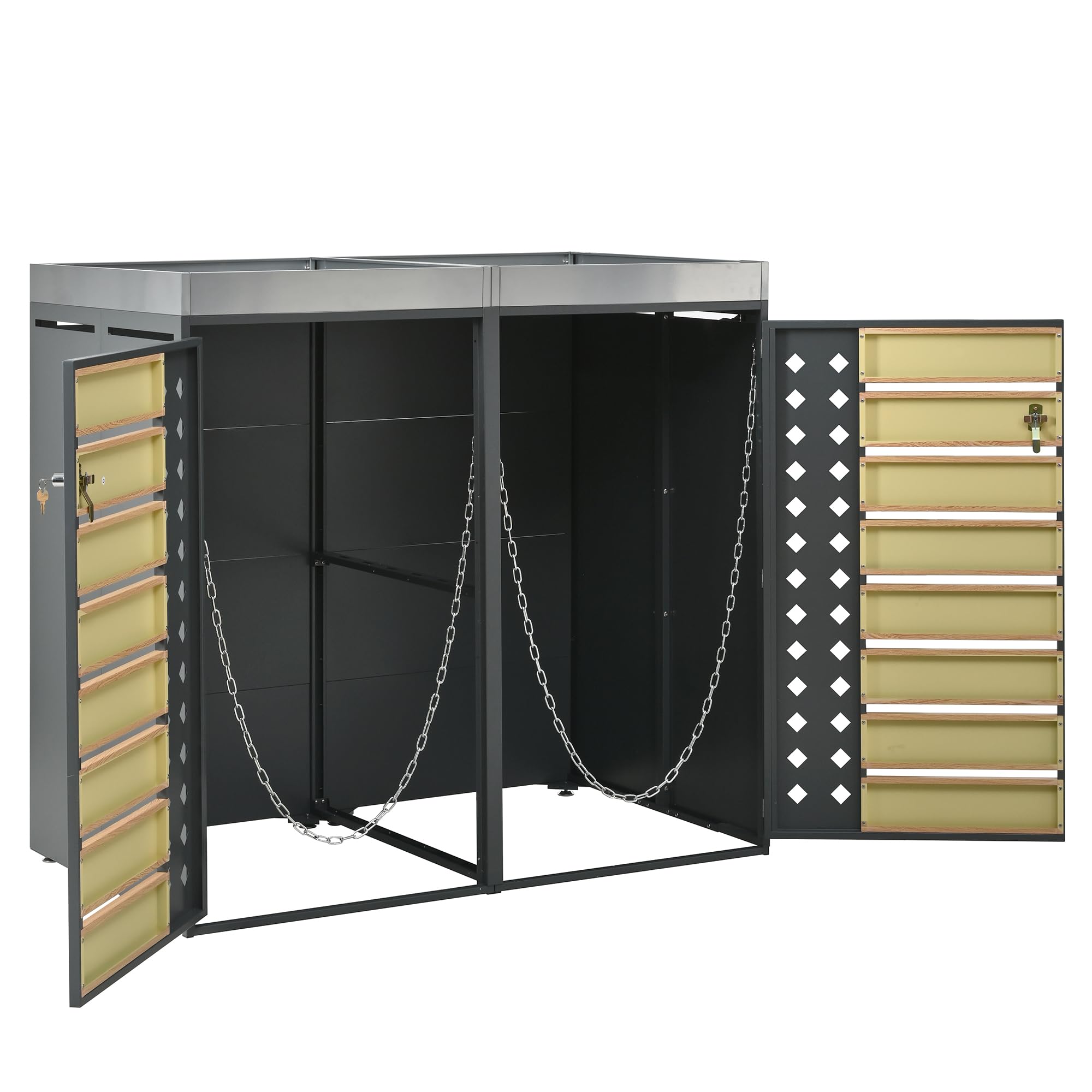 Abri pour poubelles, Panneaux à Grain de Bois horizontaux, Compartiments de Rangement pour poubelles, verrouillable, Deux Portes, Espace pour Plantes, Panneau alvéolaire en Forme de Losange (1)