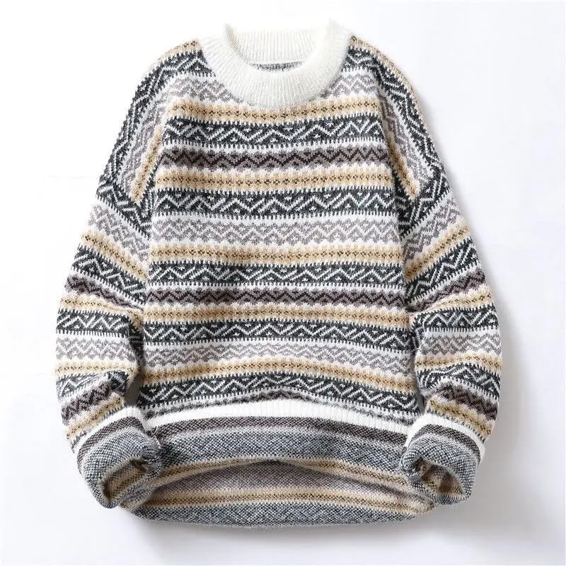 Men Autumn Winter Striped Thick Warm Knitted Sweater Youth Casual Round Neck Long Sleeve Loose Pullovers3
