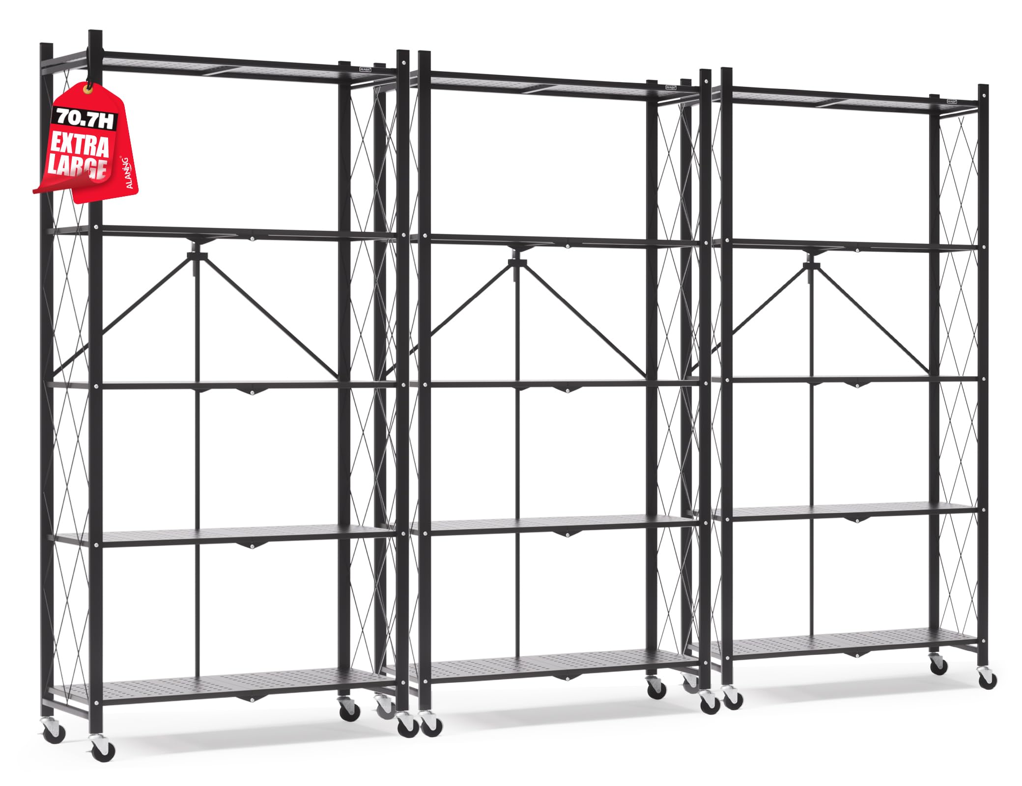 ALANNG 70.7" H Metal Storage Shelves, 5 Tier Folding Shelf on Wheels