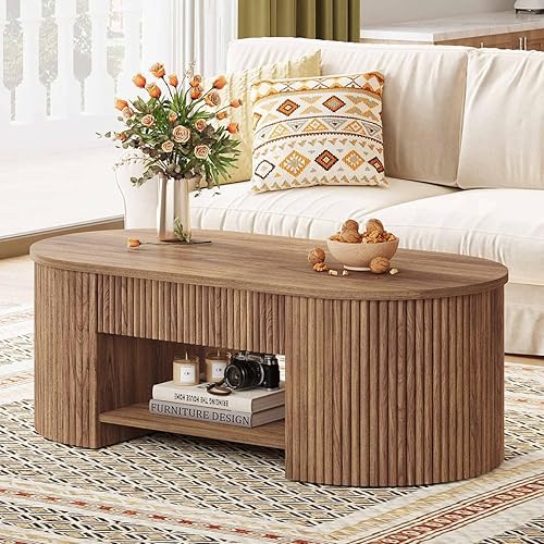 Miniatura 2 de FATORRI Mesa de café para sala de estar con almacenamiento, mesa central moderna de madera con cajón, mesas de sala de estar ovaladas de estilo