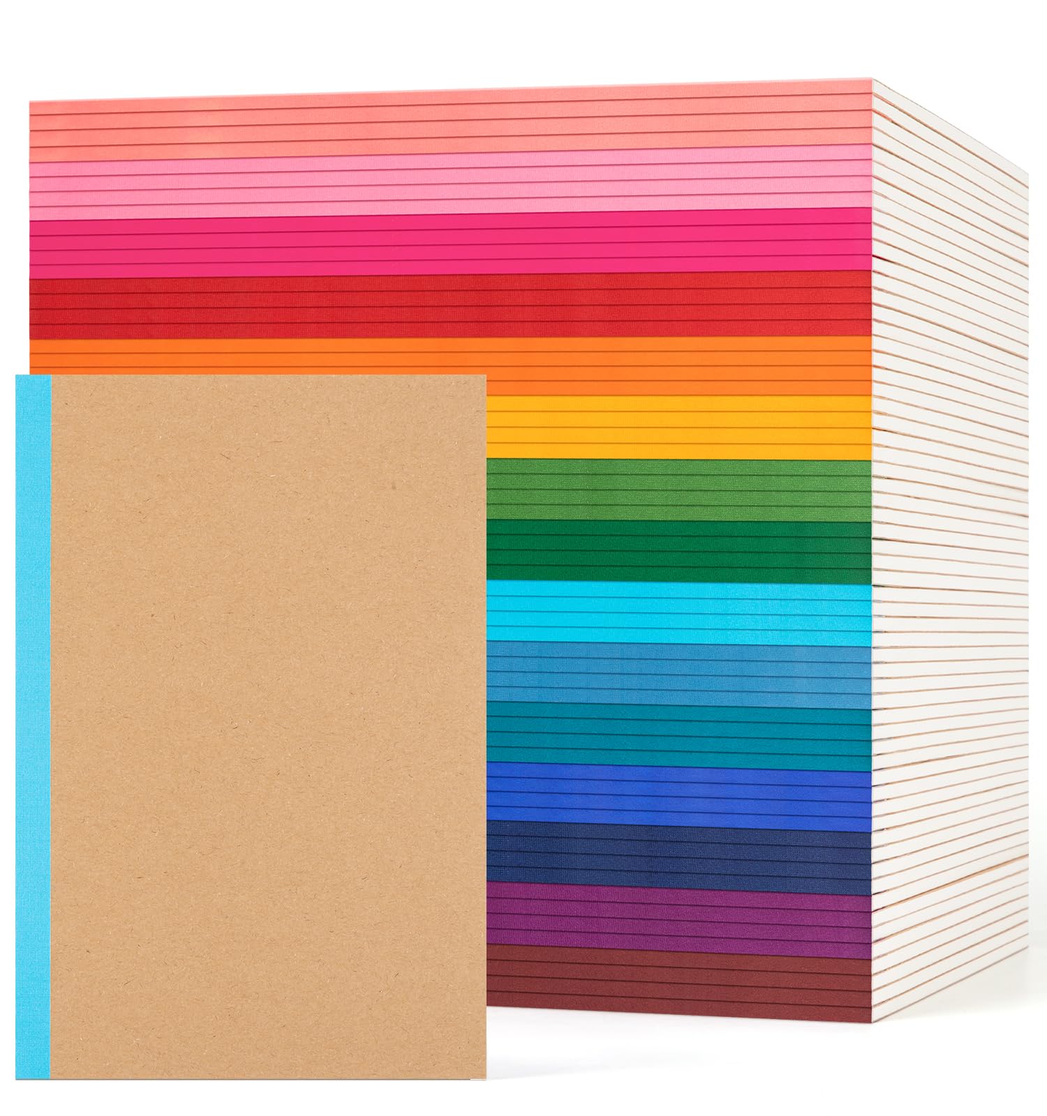ALKALO 60 Pack Lined Notebook Journals Bulk, A5 College Ruled Composition Notebook, 8.3”x 5.5”, Kraft Cover with Rainbow Spines, 15 Colors 60 Pages