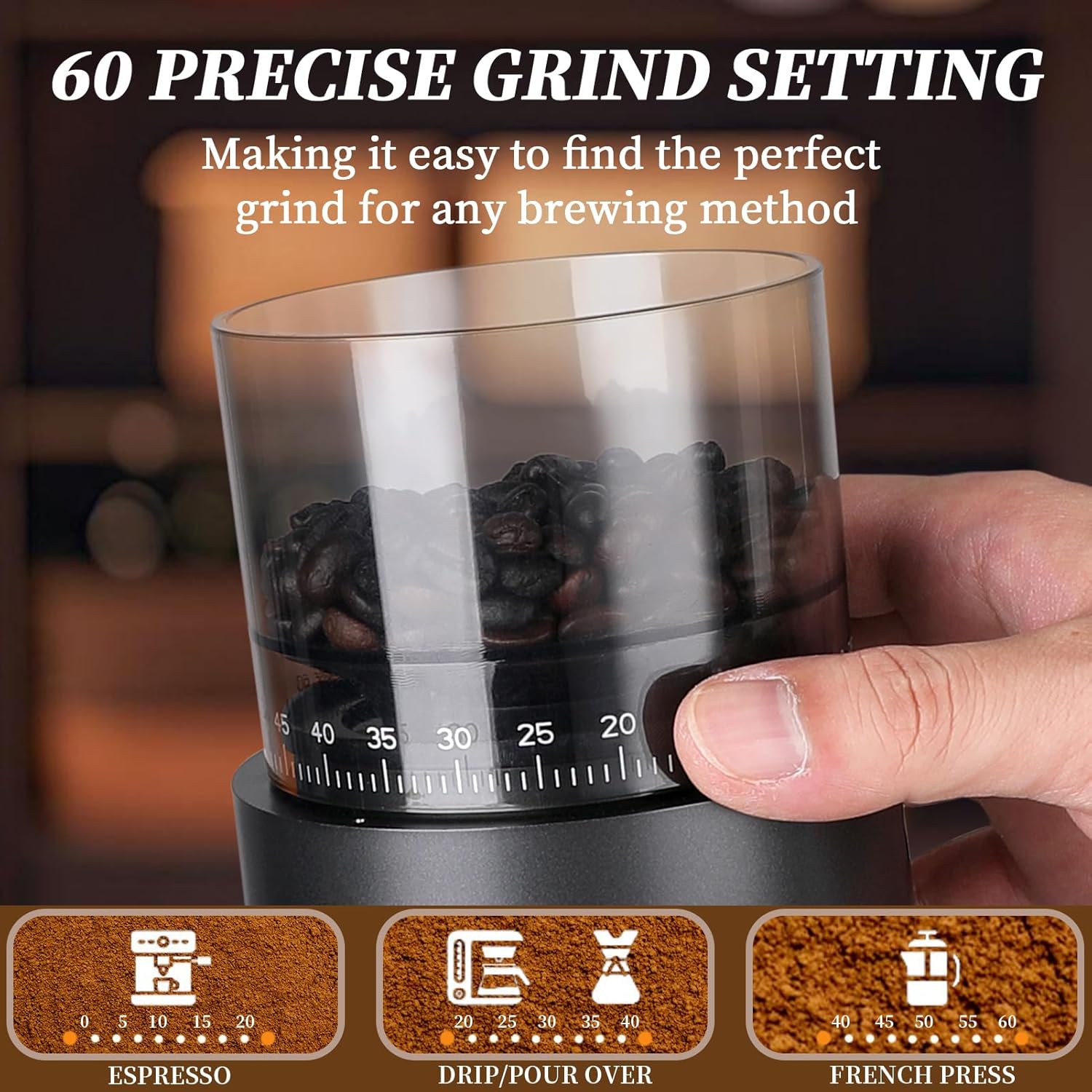 Mongdio Electric Burr Coffee Grinder, Single Dose Burr Coffee Grinder, With 60-Step Grind Settings and 2600mAh Battery, For Drip, French Press, Espresso Moka Pots, Black