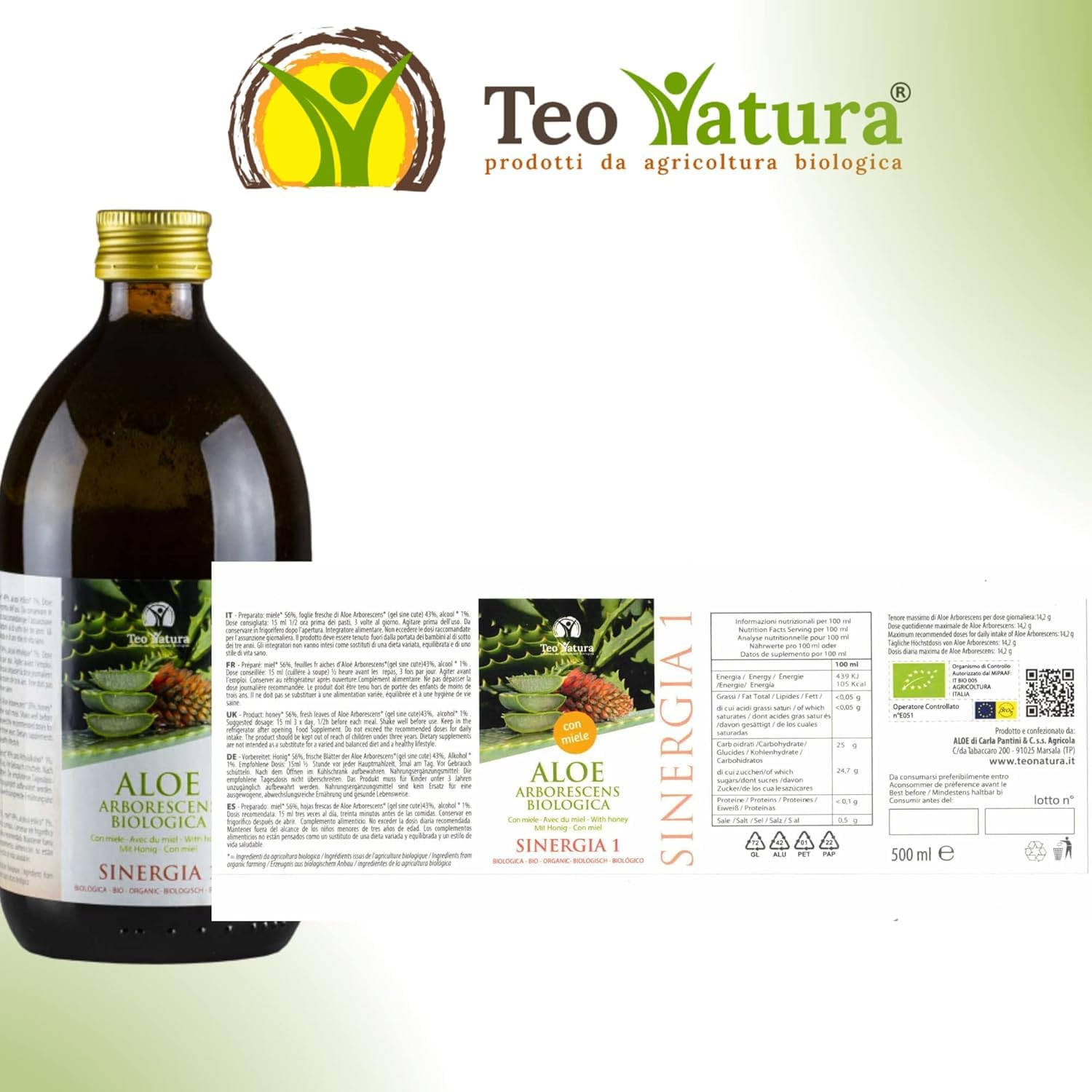 Teo Natura Synergie 1 – Trinkergänzungsmittel – klassisches Rezept von Padre Zago mit Aloe Arborescens, Honig und Bio-Alkohol, 500 ml, 1 Stück