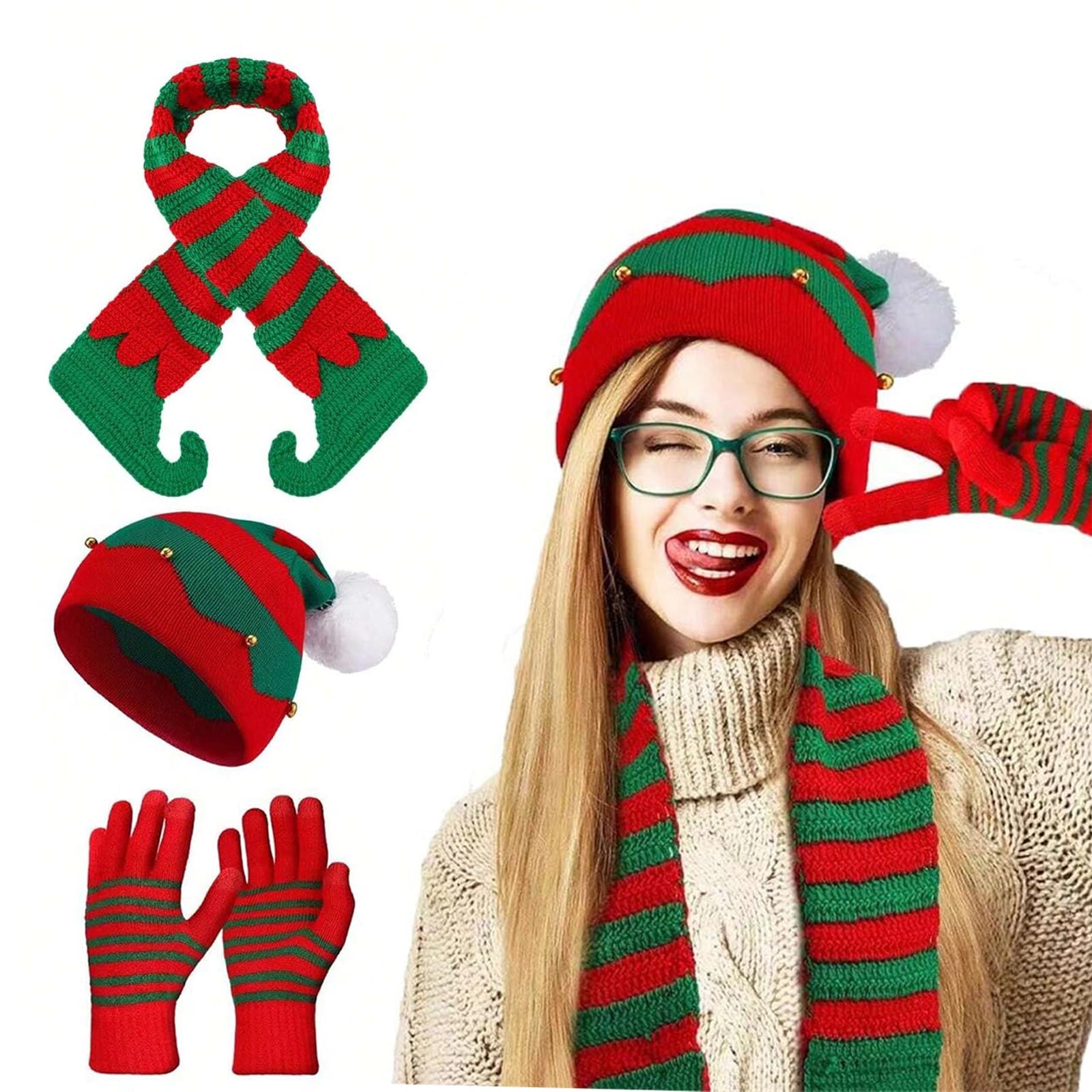 TAGVO 3 Pieces Christmas Hat Scarf Gloves Set, Winter Christmas Equipment, Xmas Knitted Hat Set, Elf Santa Hat Scarf Gloves for Party
