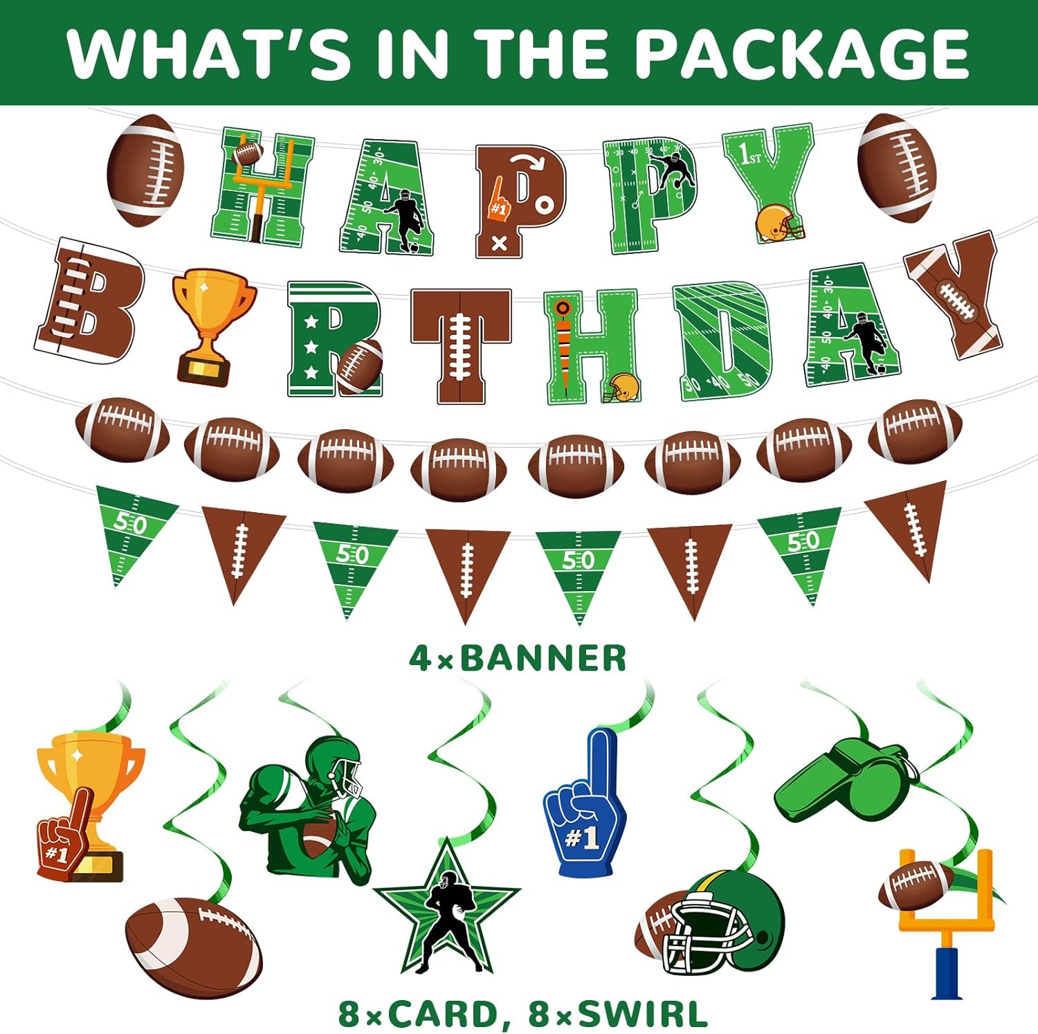 Football Birthday Banner and Swirls Decorations Rugby Party Bunting Ceiling Streamers Supplies Sports Theme Pennant Decors for Kids Birthday, Team Celebration and Tailgate Party