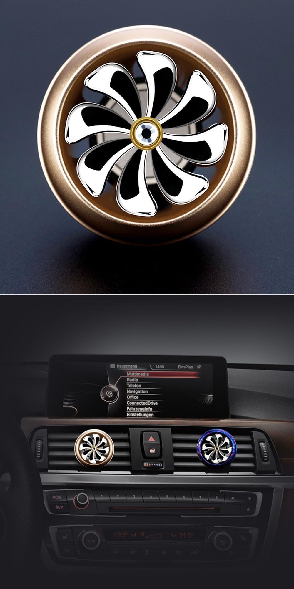 Car Fragrance Diffuser Vent Clip,Rotating Propeller Vent Clip Purifier,Air Freshener Aromatherapy Essential Oil Diffuser,Remove Smoke and Bad Odors (Gold)