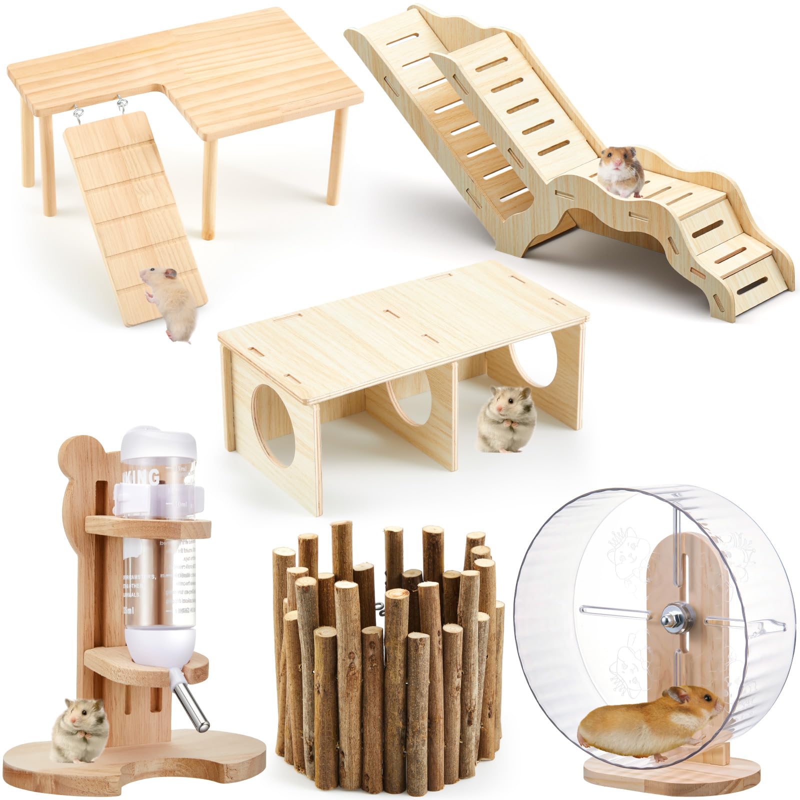 Hamster-Spielzeug-Set, Labyrinth-Holzhaus, Kletterleiter, Holzbrücke, Tunnel, Spielzeugplattform, leise, Laufräder und Wasserflasche, Set für Ratten, Meerschweinchen, Lebensraum (Standard