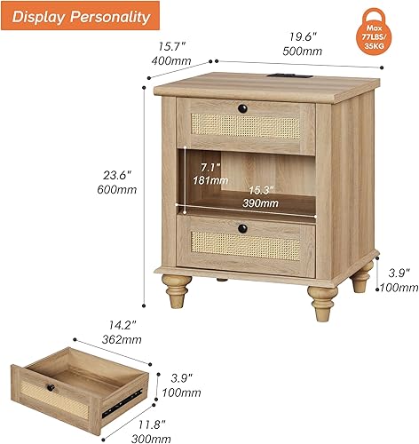 Miniatura 2 de WAMPAT Mesita de noche de ratán con estación de carga para dormitorio, mesa auxiliar pequeña con cajones y estante abierto, mesita de noche de
