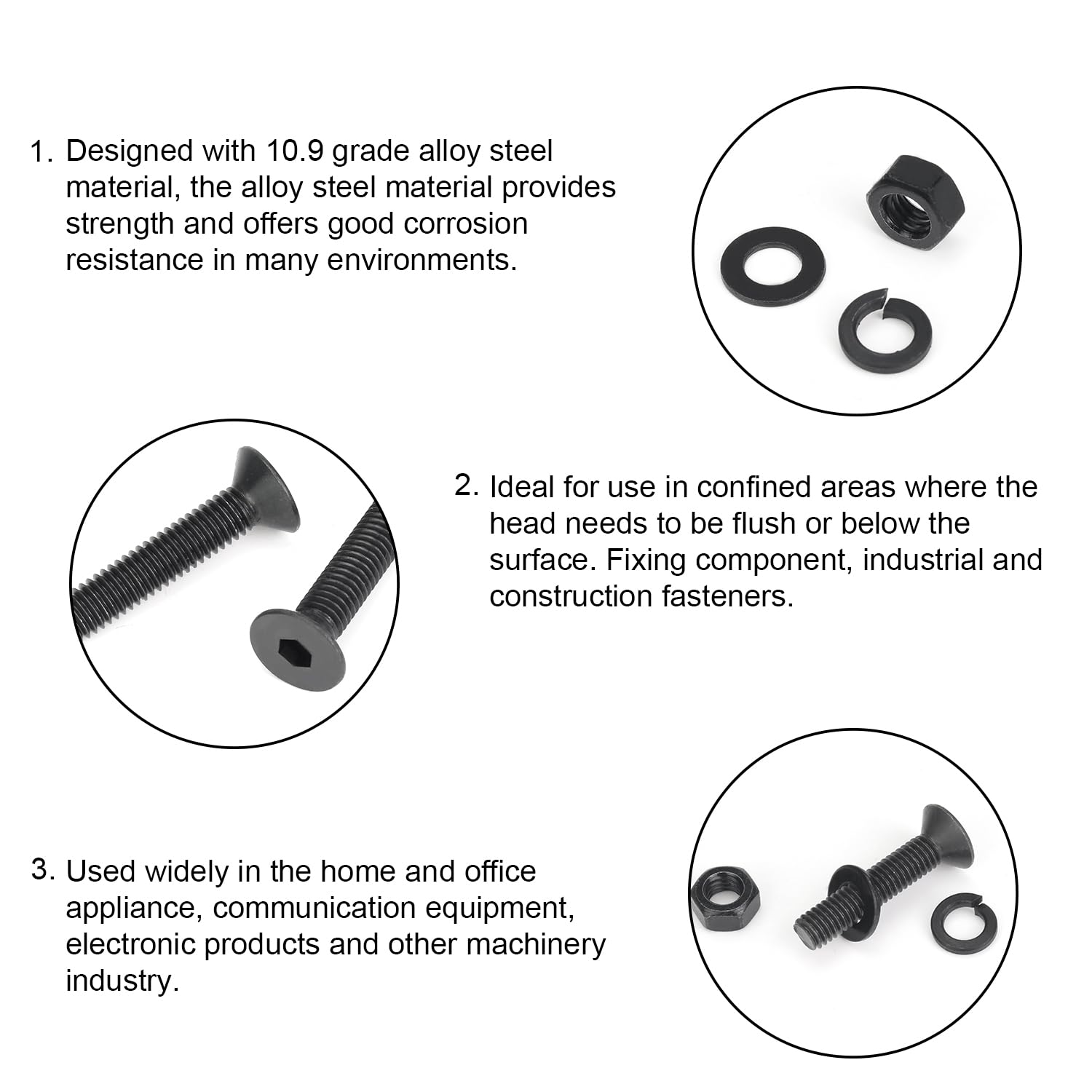 DYWISHKEY 566 Piece M3 Black Bolt & Nut Assortment Kit - 10.9 Alloy Steel Countersunk Screws, Hex Drive