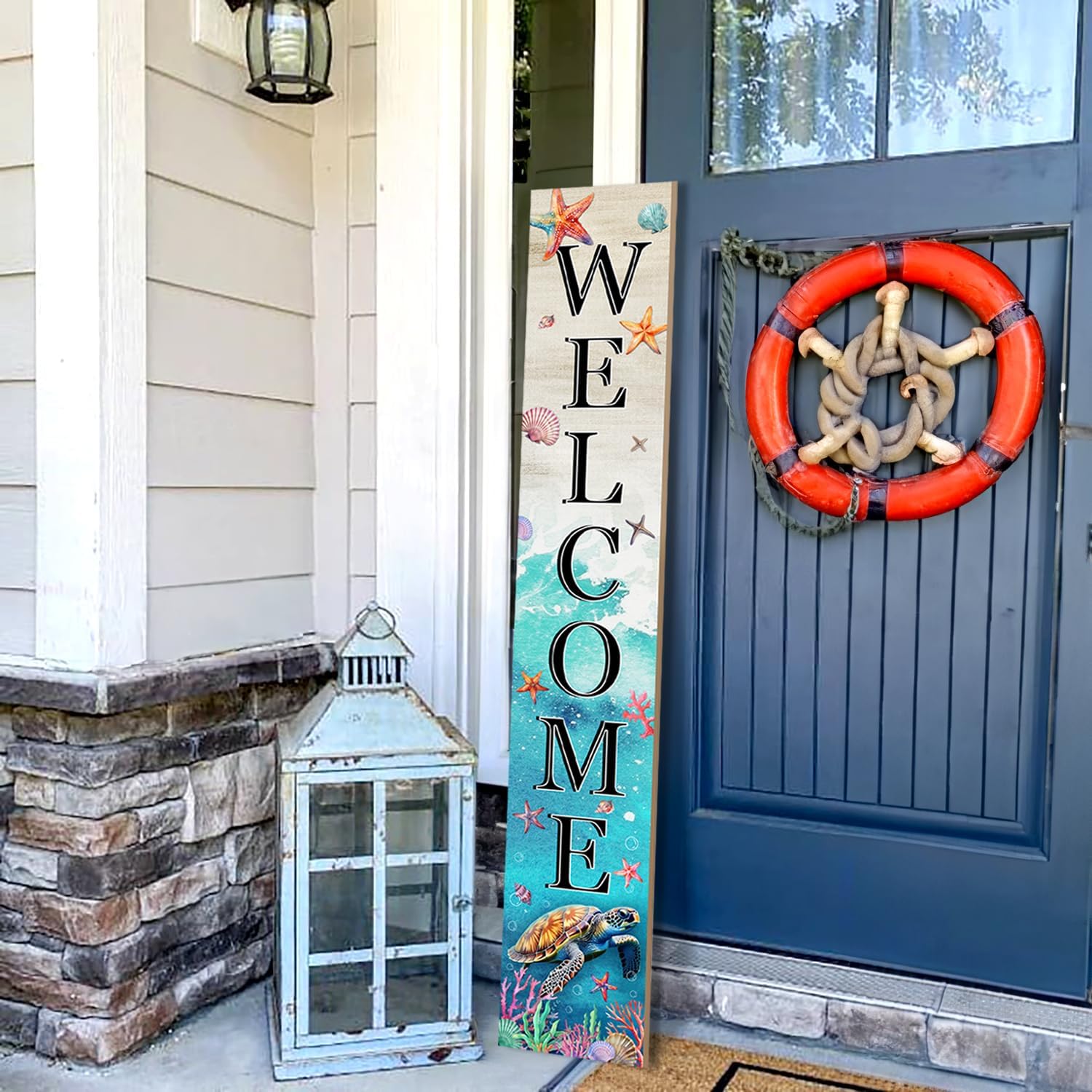 Sea Turtle Welcome Sign for Front Door, Beach Outdoor Porch Sign Home Decorations Standing Yard Sign Seasonal Wood Door Sign for Garden Tall Summer Welcome Vertical Signs for Patio Wall