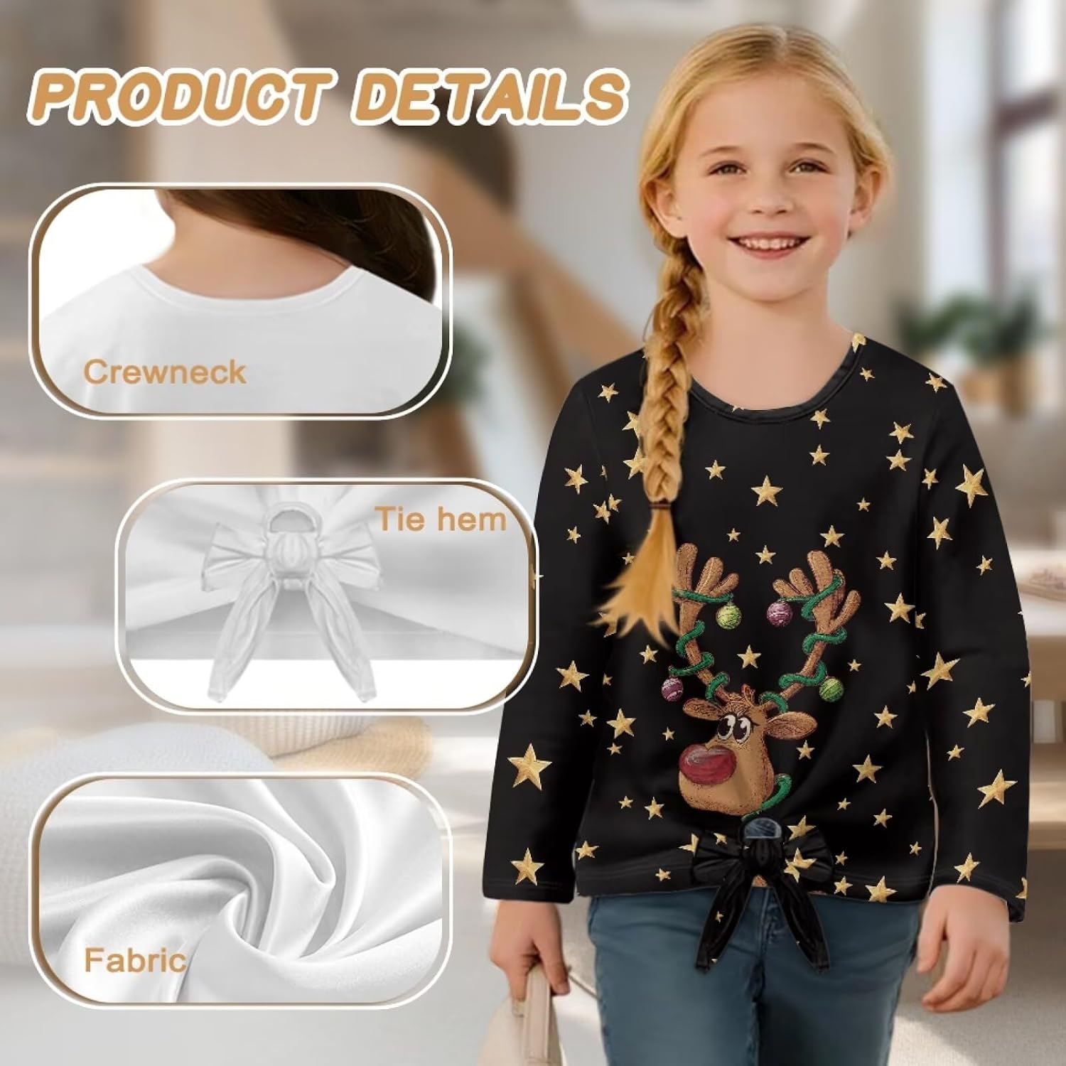 Christmas Theme T-shirts for Girls Crewneck Sweatshirt Long Sleeve Kids Top Tie Front Knot Pullover Size 5-12