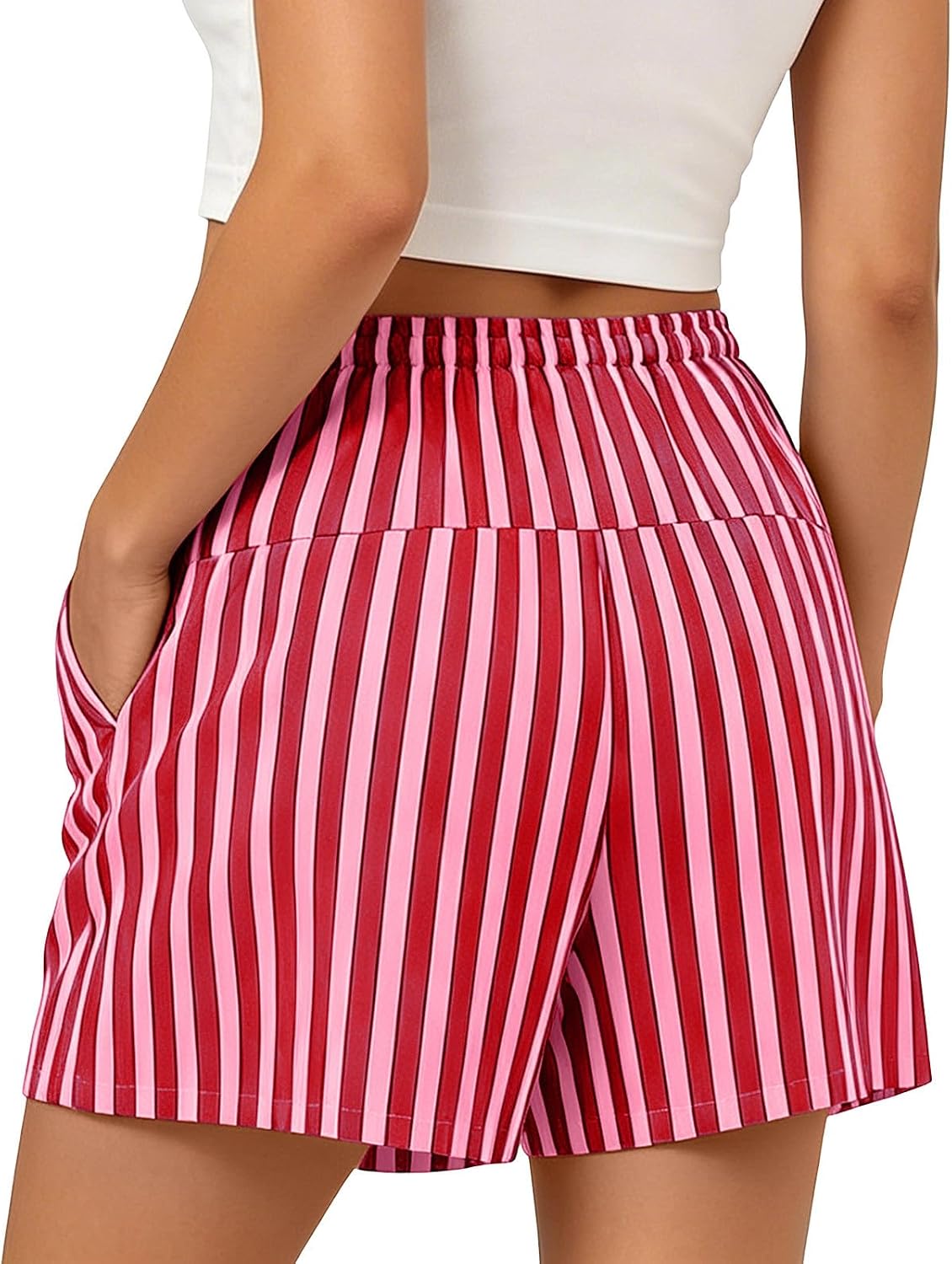 Striped Print Short for Women Bohemian Beach Short Pants Cozy Elastic Waist Casual Shorts with Pocket Summer Clothes