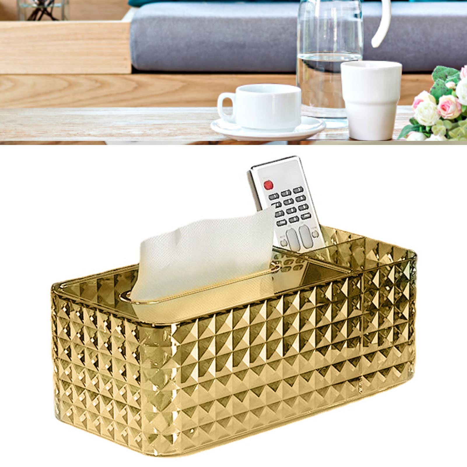 Scatola di fazzoletti, Porta Fazzoletti Texture Rhombus, Copri Scatola Rettangolare Trasparente per Fazzoletti, decorazione per casa e ufficio (Oro)