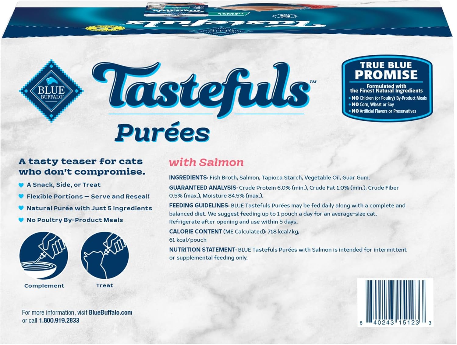 Blue Buffalo Tastefuls Purées with Salmon, Natural Cat Food Complement, Resealable Twist Cap Pouches, 3-oz. (12 Count)