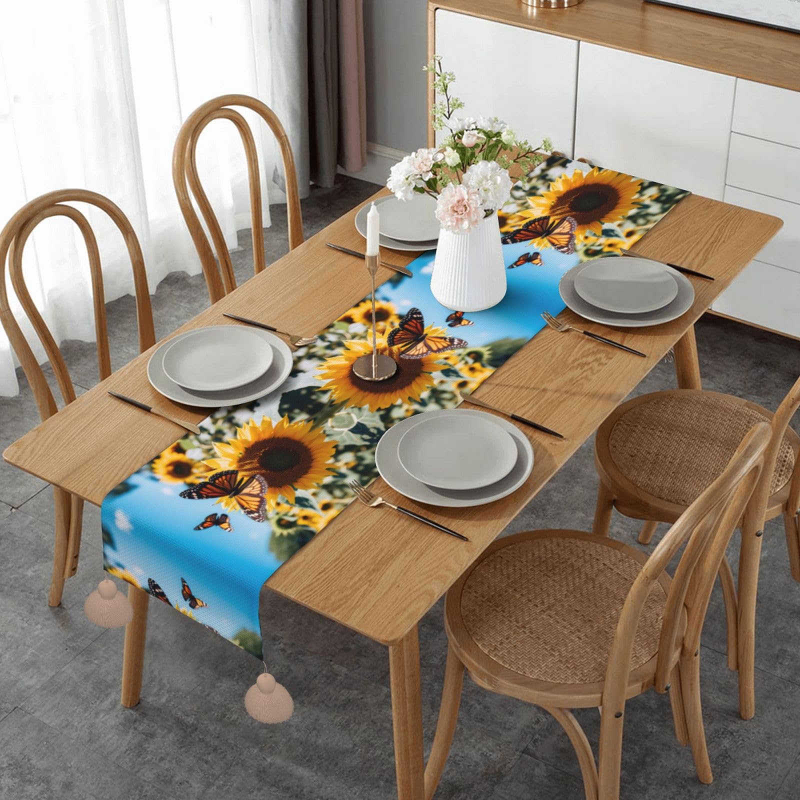 Chemin de table bleu ciel tournesol papillon pour table à manger basse et décoration de ferme