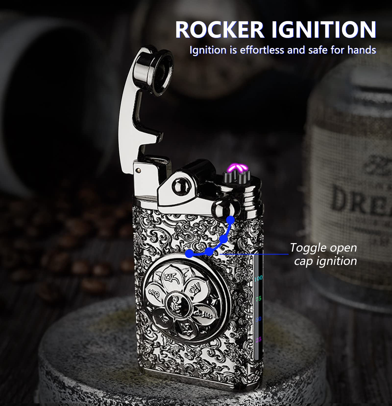 BABOBIU Briquet électrique rechargeable coupe-vent à allumage rapide avec double arc plasma et affichage de l'alimentation LED pour camping, pique-nique, chasse, sortie, aventure (noir)