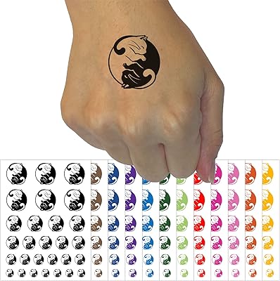 Yin and Yang Cats Curled Up Together Temporary Tattoo Water Resistant Fake Body Art Set Collection - Brown (One Sheet)