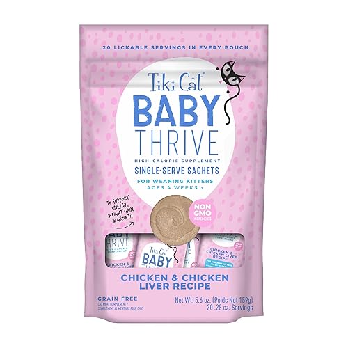 Tiki Cat Baby Thrive, Chicken & Chicken Liver Mousse, 5.6 oz. Pouch (20 Individual Servings) - 5.6 Ounce (Pack of 1) - Thrive Mousse